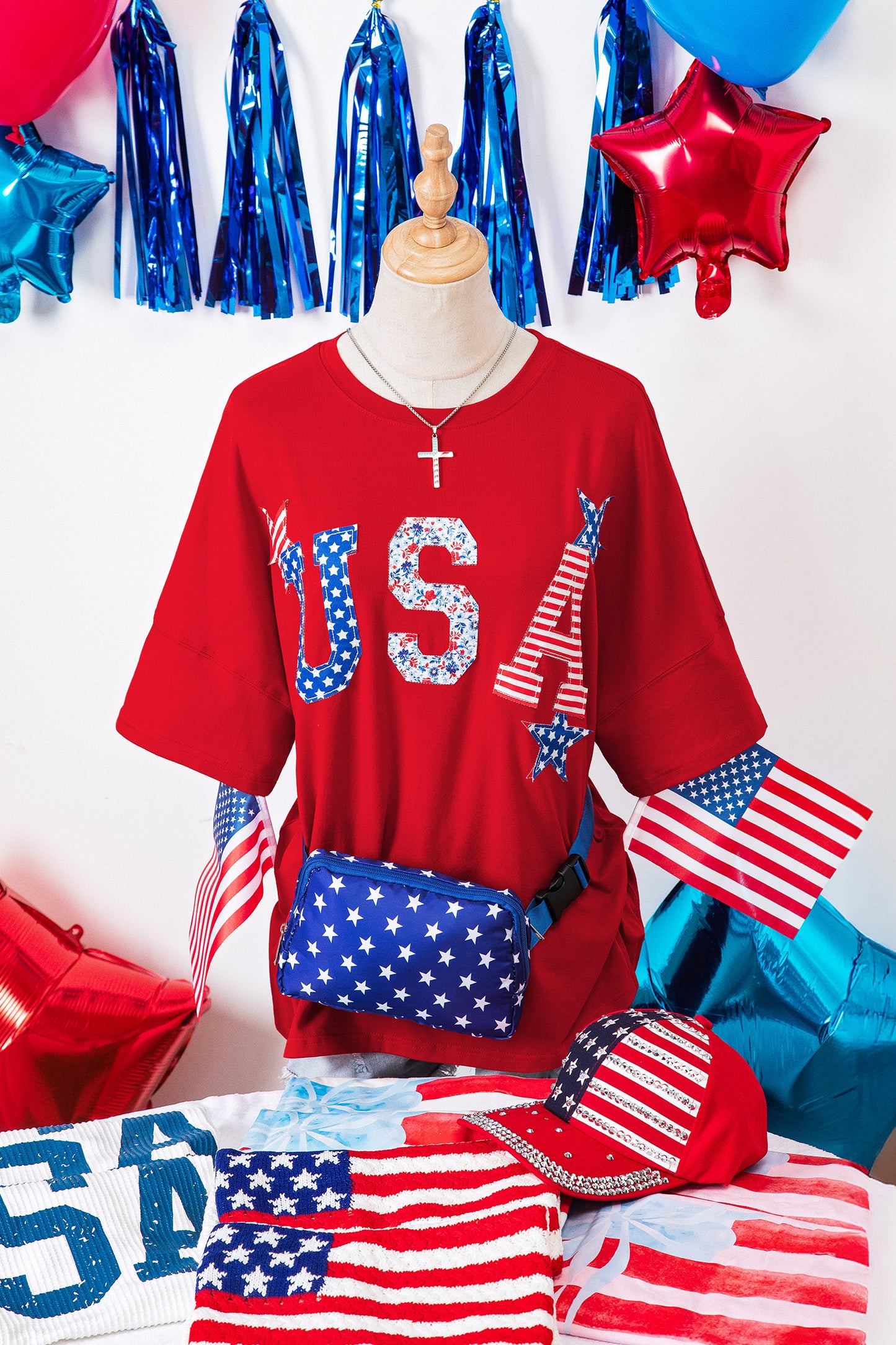 Fiery Red Patriotic Usa Slogan Patch Embroidery Short Sleeve T Shirt-Tops/Tops & Tees-[Adult]-[Female]-2022 Online Blue Zone Planet