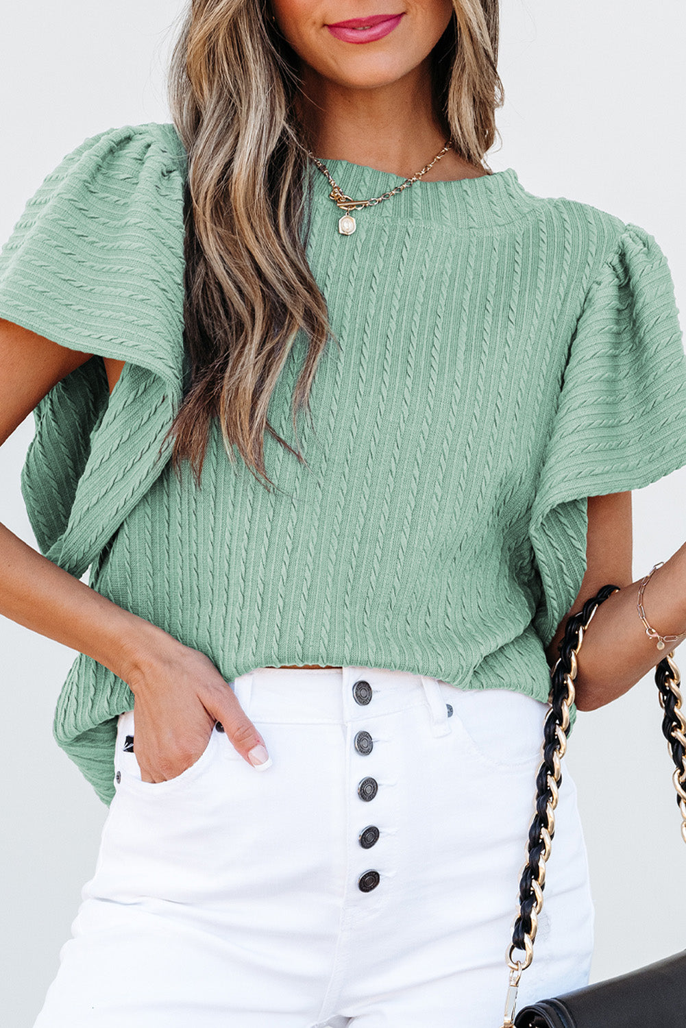 Moonlight Jade Solid Color Textured Flutter Sleeve Top-Tops/Blouses & Shirts-[Adult]-[Female]-2022 Online Blue Zone Planet