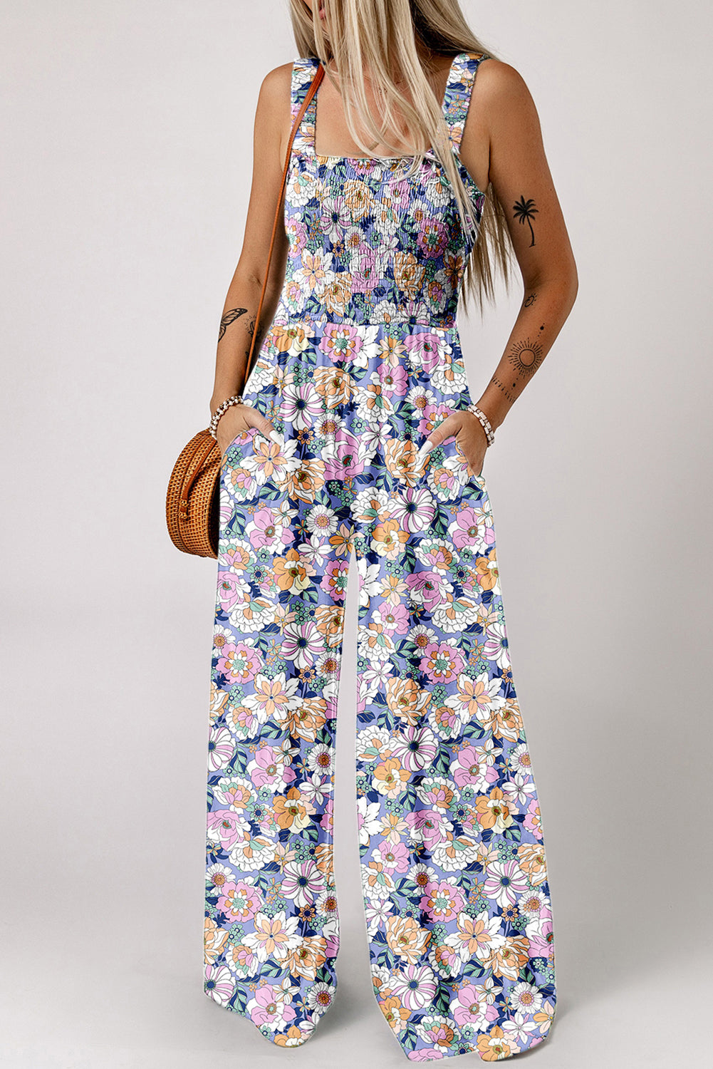 Purple Floral Print Smocked High Waist Square Neck Jumpsuit-Bottoms/Jumpsuits & Rompers-[Adult]-[Female]-Purple-S-2022 Online Blue Zone Planet