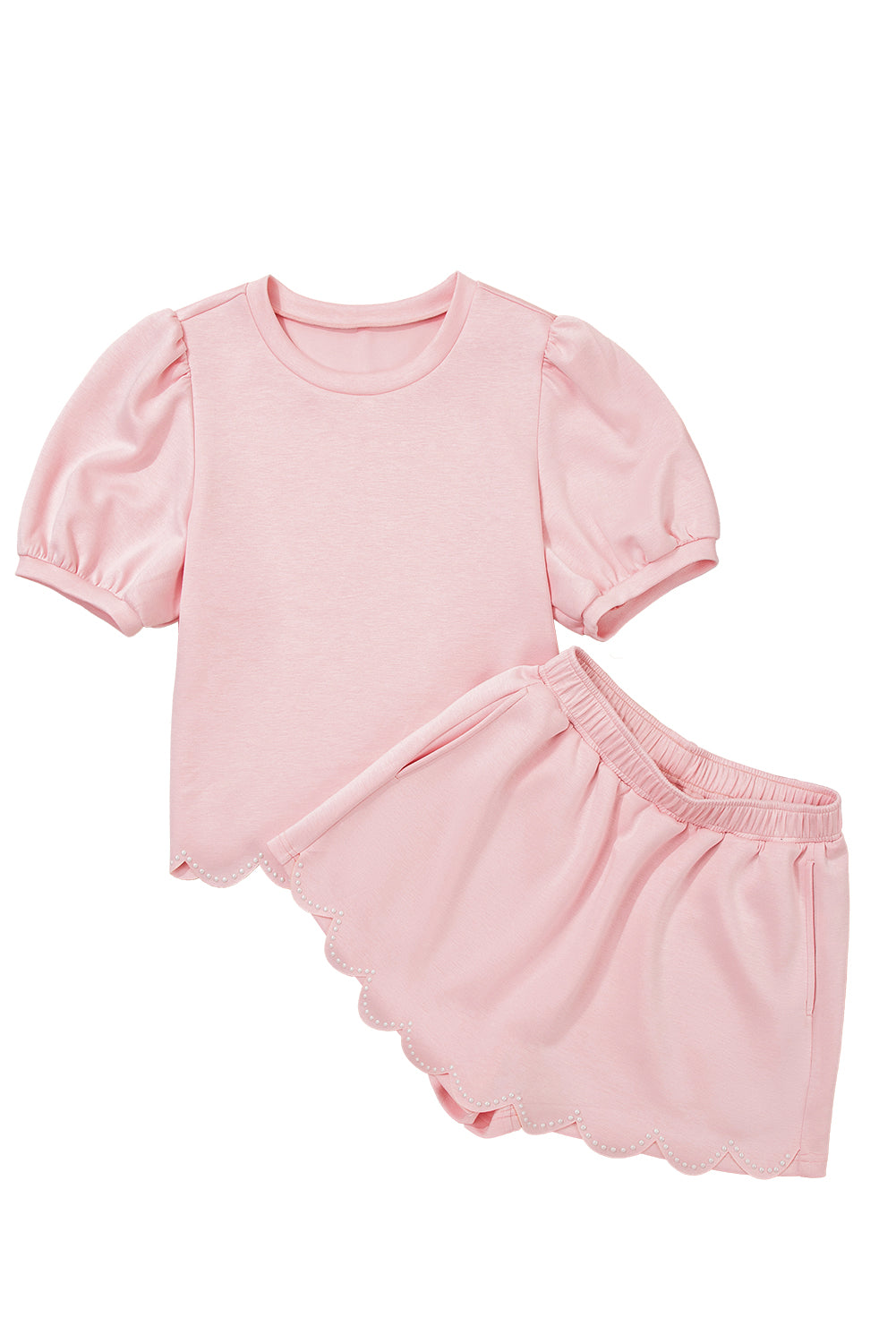 Beau Blue Puff Sleeve Pearl Embellished Scallop Trim Top 2 Piece Skort Set-Two Piece Sets/Two Piece Dresses-[Adult]-[Female]-2022 Online Blue Zone Planet