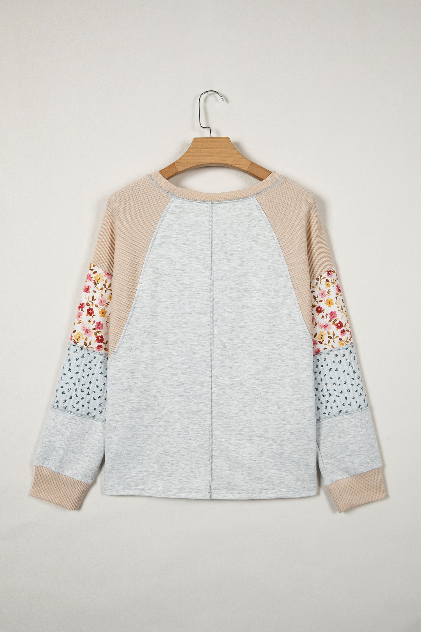 Light Grey Mixed Print Raglan Sleeve Patchwork Exposed Seam Pullover Top-Tops/Long Sleeve Tops-[Adult]-[Female]-2022 Online Blue Zone Planet