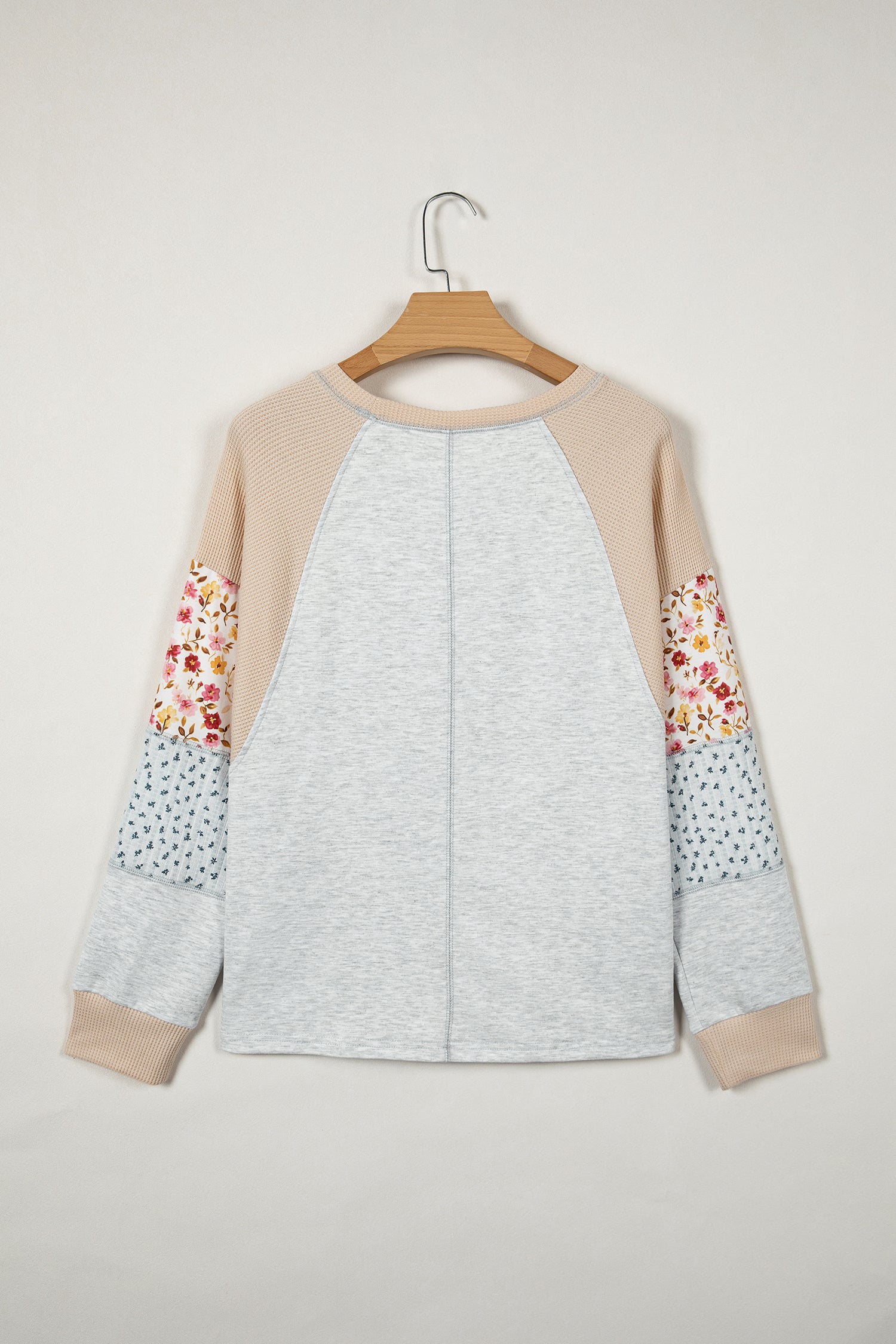 Light Grey Mixed Print Raglan Sleeve Patchwork Exposed Seam Pullover Top-Tops/Long Sleeve Tops-[Adult]-[Female]-2022 Online Blue Zone Planet