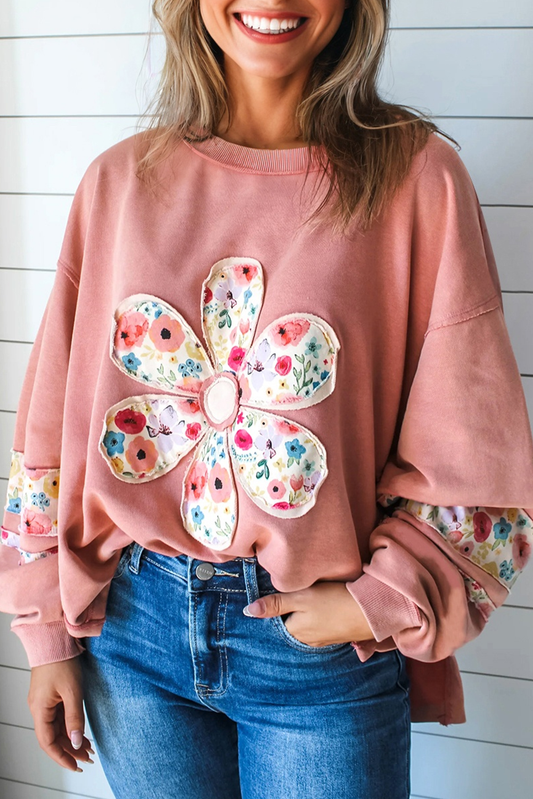 Peach Blossom Floral Applique Baggy Pullover Sweatshirt-Tops/Sweatshirts & Hoodies-[Adult]-[Female]-Peach Blossom-S-2022 Online Blue Zone Planet