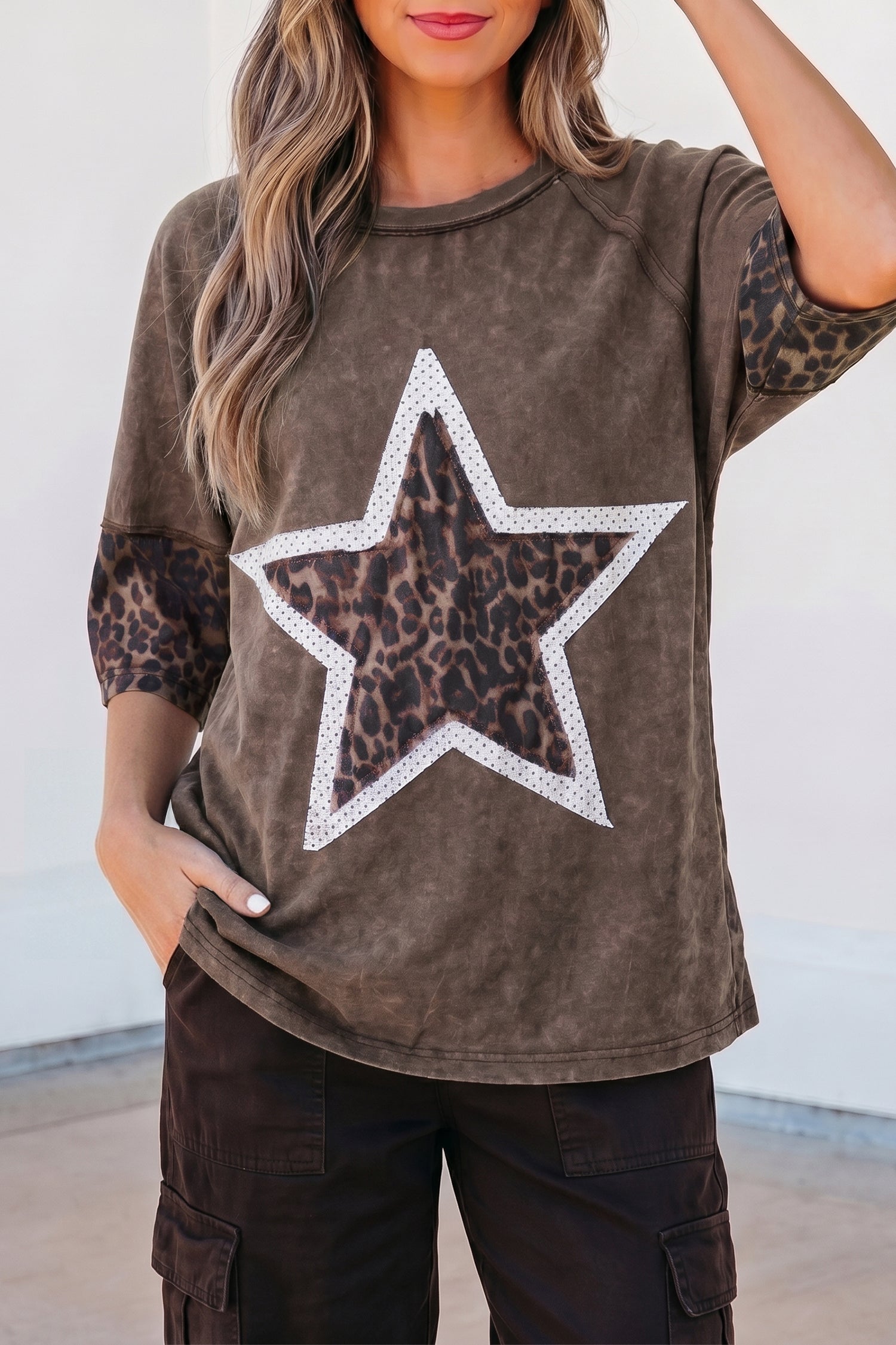 Coffee Mineral Wash Exposed Seam Leopard Star Patched T Shirt-Tops/Tops & Tees-[Adult]-[Female]-2022 Online Blue Zone Planet
