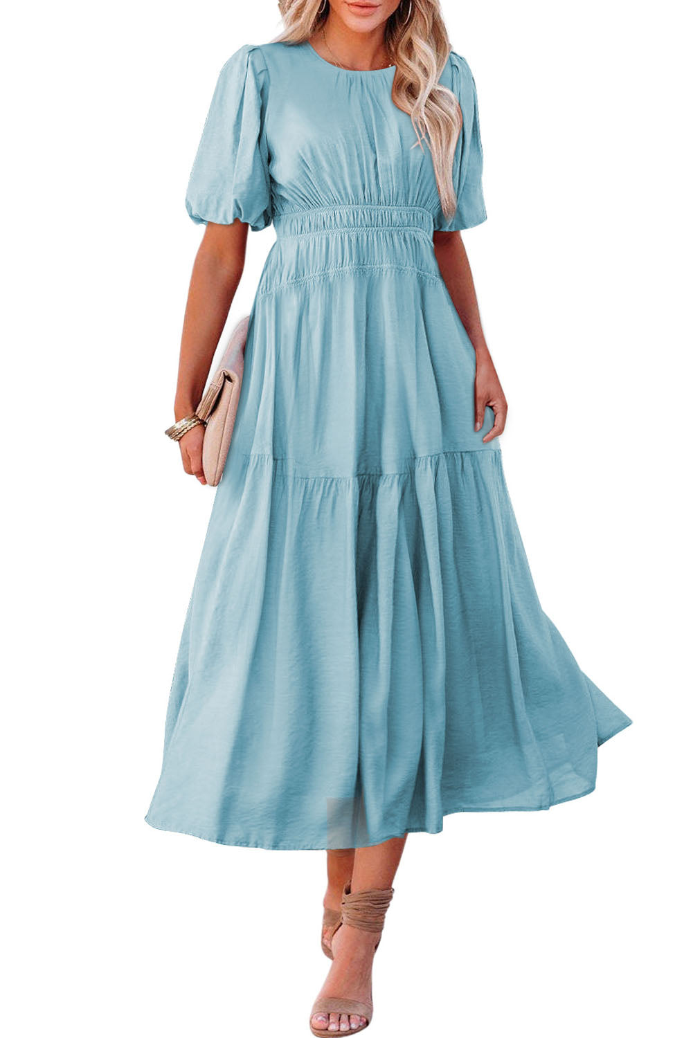 Light Blue Puff Sleeve Pleated High Waist Flowy Long Dress-Dresses/Maxi Dresses-[Adult]-[Female]-2022 Online Blue Zone Planet
