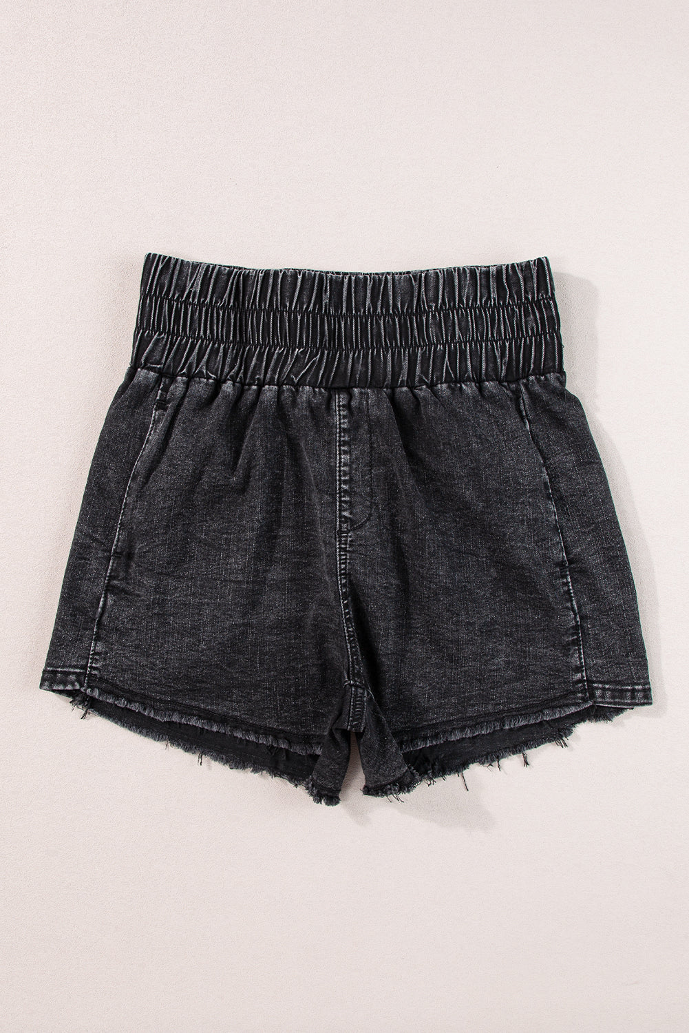 Black Smocked High Waist Mineral Washed Jean Shorts-Sale (50% OFF)/30% OFF-[Adult]-[Female]-2022 Online Blue Zone Planet