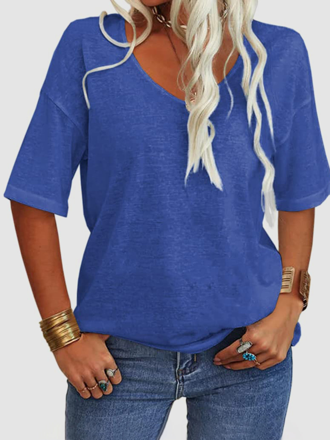 V-Neck Dropped Shoulder Half Sleeve T-Shirt-TOPS / DRESSES-[Adult]-[Female]-2022 Online Blue Zone Planet