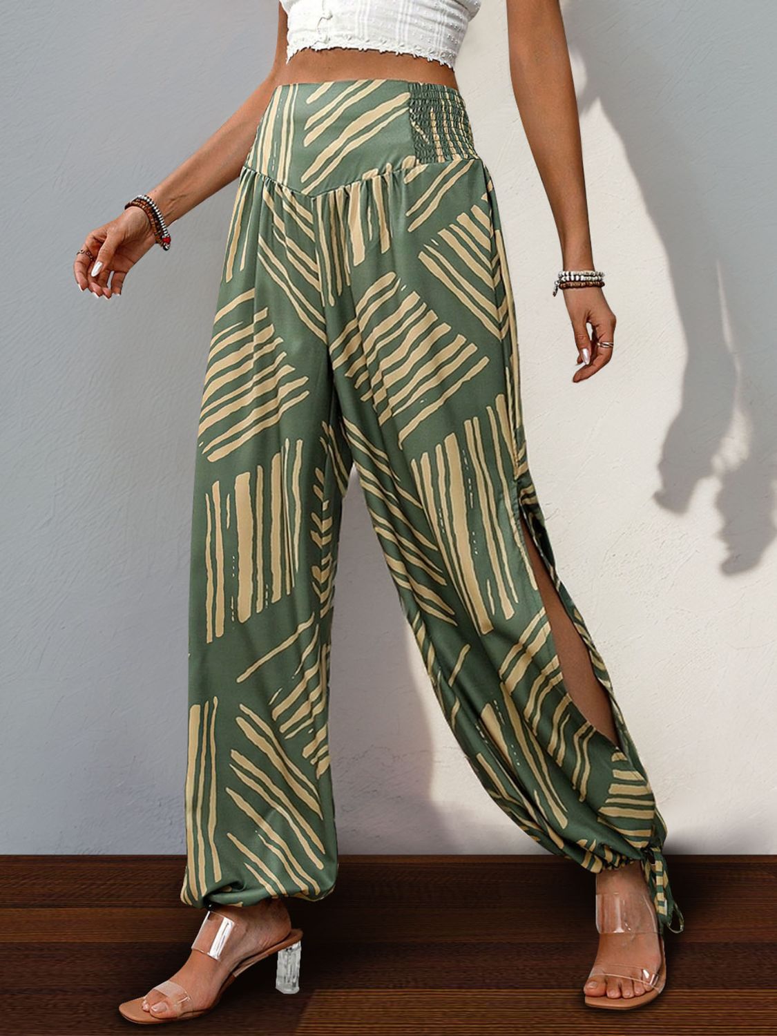 Smocked Slit Printed High Waist Pants-BOTTOMS SIZES SMALL MEDIUM LARGE-[Adult]-[Female]-2022 Online Blue Zone Planet