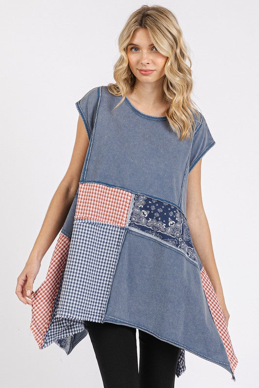 Mittoshop Patchwork Mineral Washed Round Neck Cap Sleeve Top-TOPS / DRESSES-[Adult]-[Female]-NAVY-S-2022 Online Blue Zone Planet