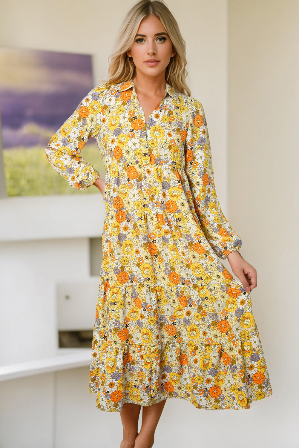 Blue Zone Planet | Multicolor Boho Floral Collared Long Sleeve Ruffled Dress-TOPS / DRESSES-[Adult]-[Female]-2022 Online Blue Zone Planet