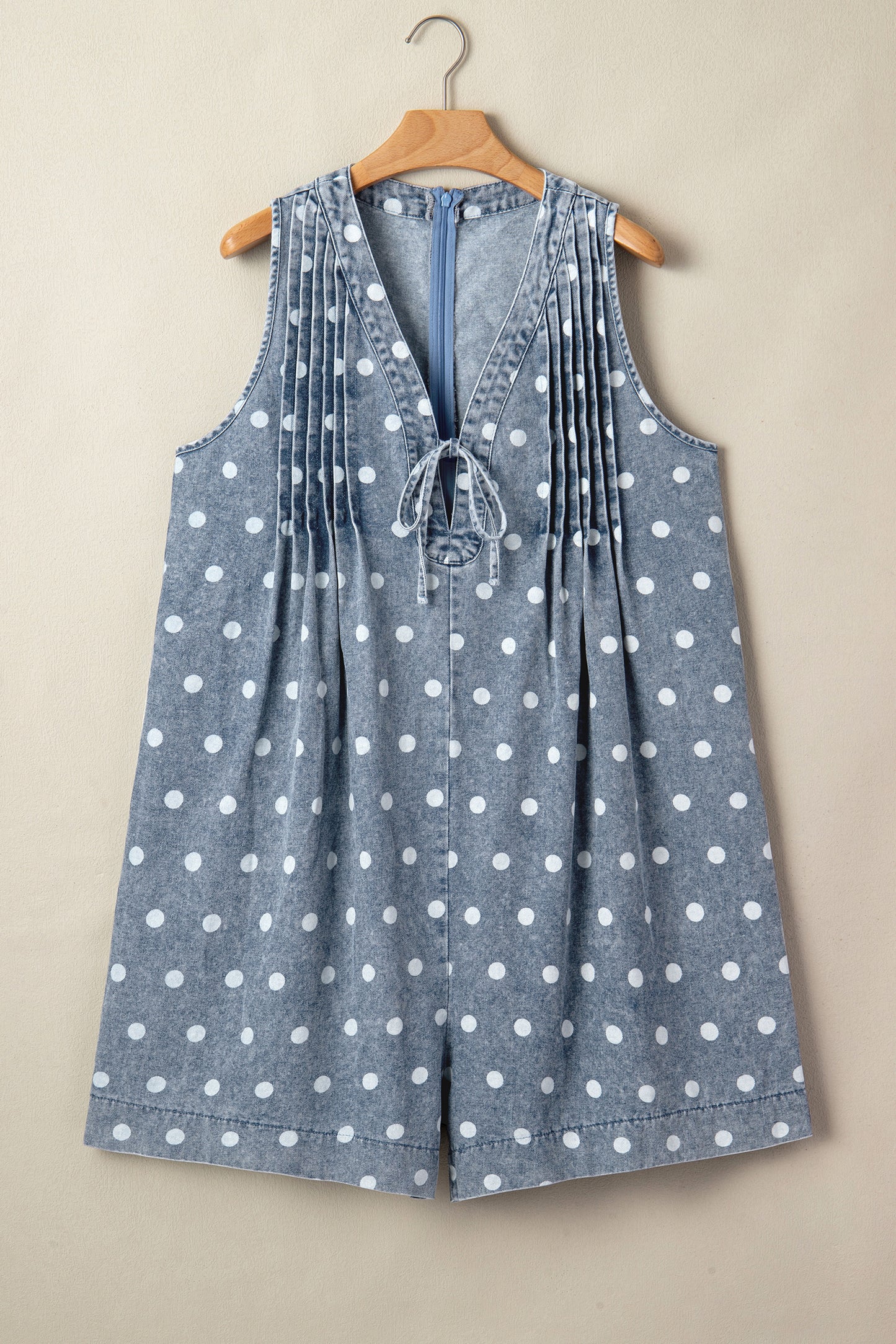 Sky Blue Polka Dot Print Tie V Neck Pleated Loose Denim Romper-Bottoms/Jumpsuits & Rompers-[Adult]-[Female]-2022 Online Blue Zone Planet