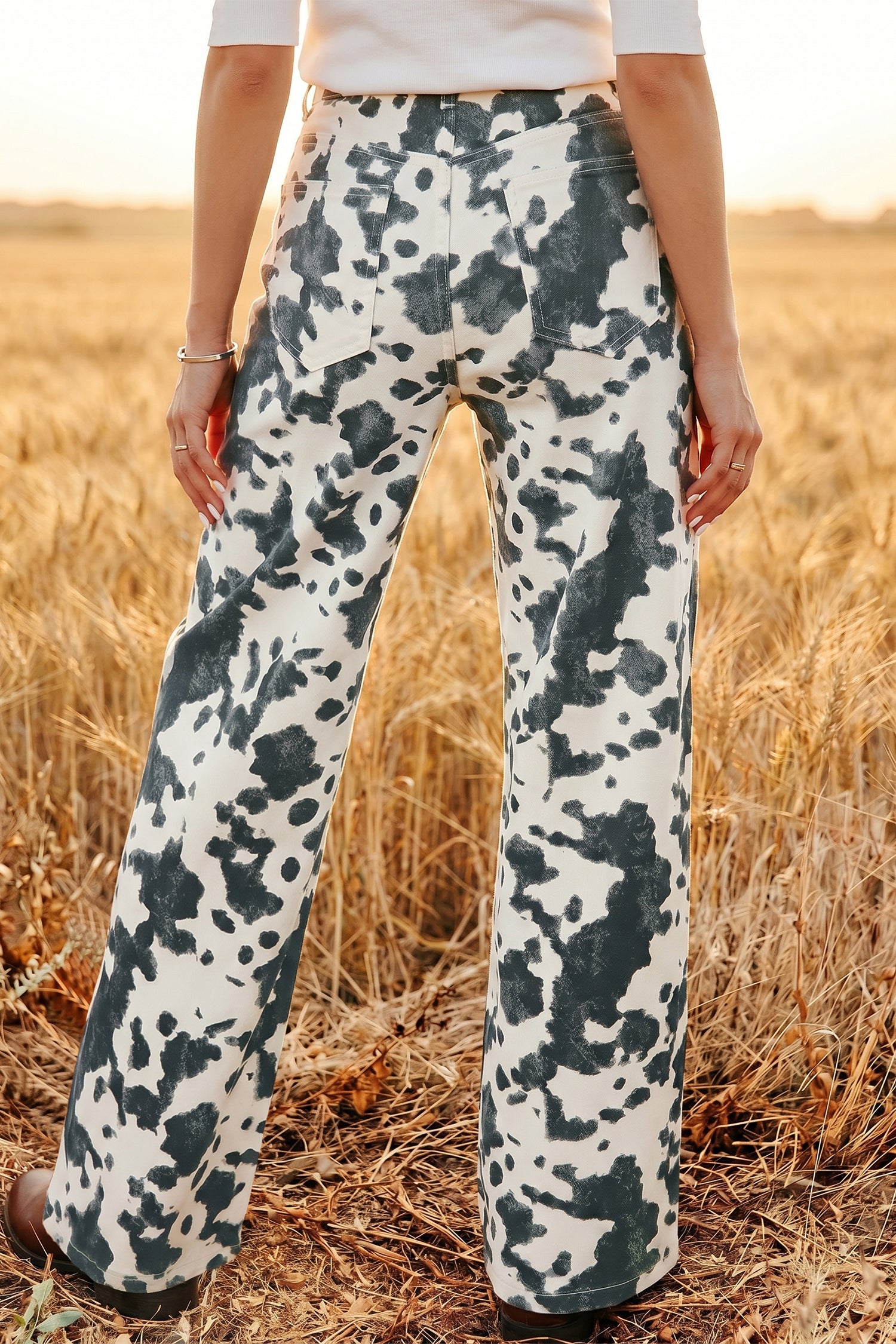 Brown Abstract Print Metal Button Regular Fit Full-Length Jeans-Bottoms/Jeans-[Adult]-[Female]-2022 Online Blue Zone Planet