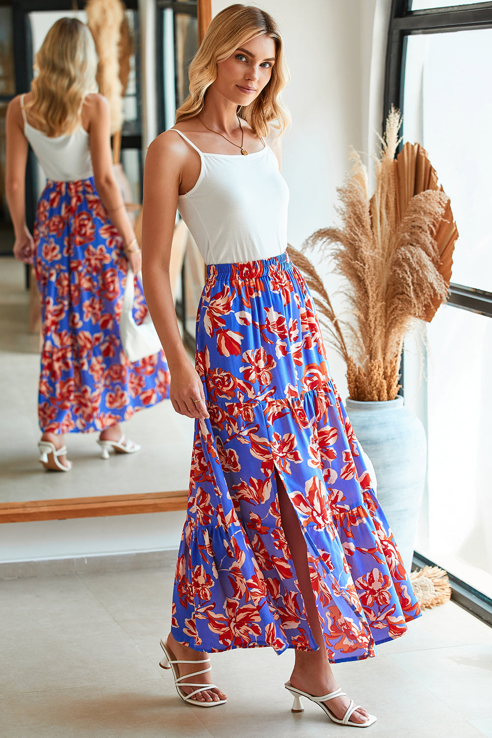 Blue Bohemian Floral Print Tiered Maxi Skirt with Split-Bottoms/Skirts & Petticoat-[Adult]-[Female]-2022 Online Blue Zone Planet
