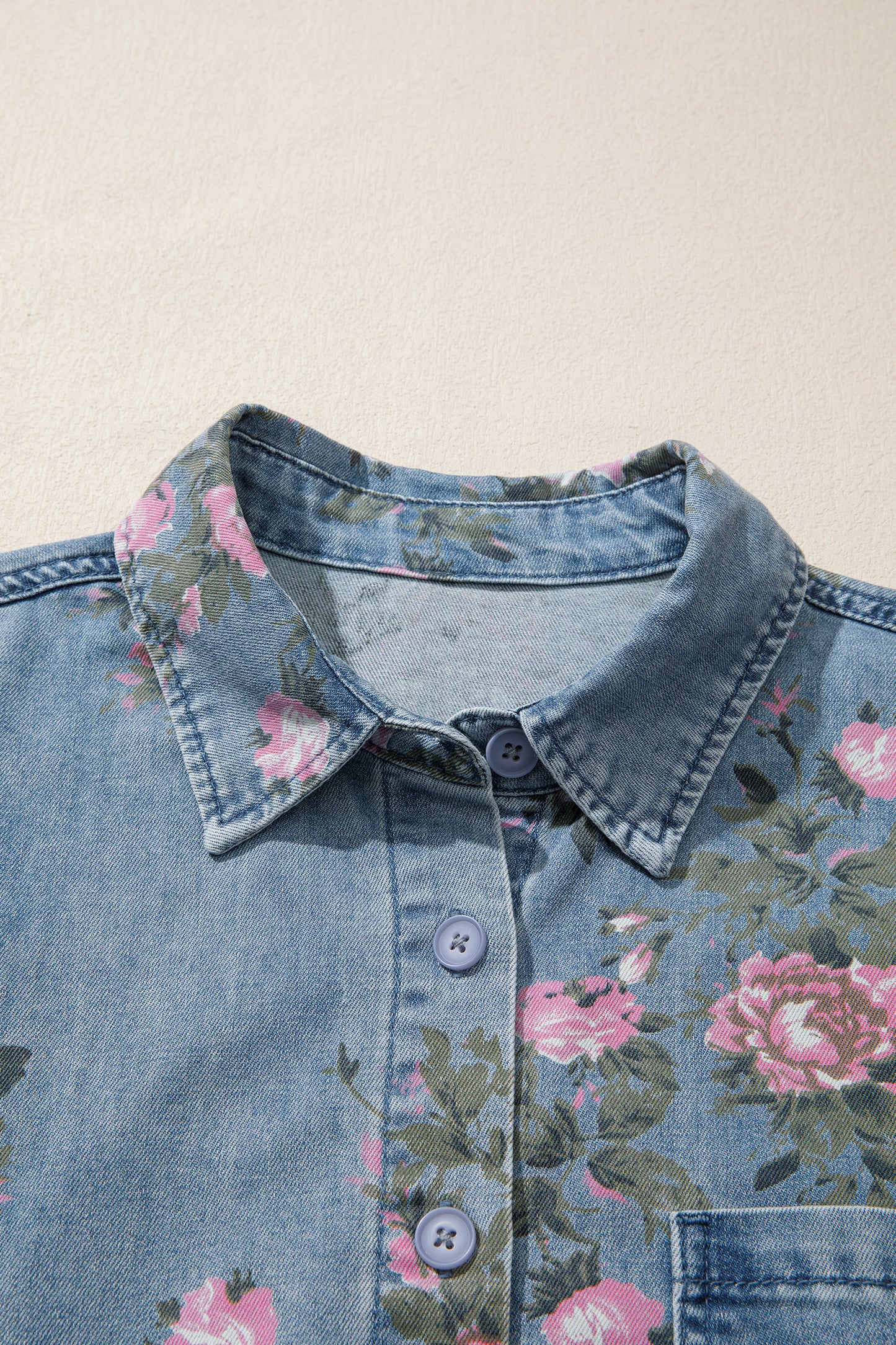 Blue Bracelet Sleeve Floral Denim Shirt-Bracelet-[Adult]-[Female]-2022 Online Blue Zone Planet