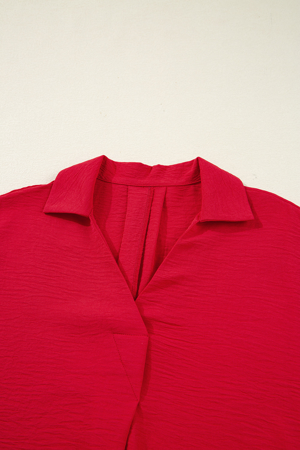 Fiery Red V Neck Collared Shirred 3/4 Sleeve Oversized Tunic Top-Tops/Blouses & Shirts-[Adult]-[Female]-2022 Online Blue Zone Planet