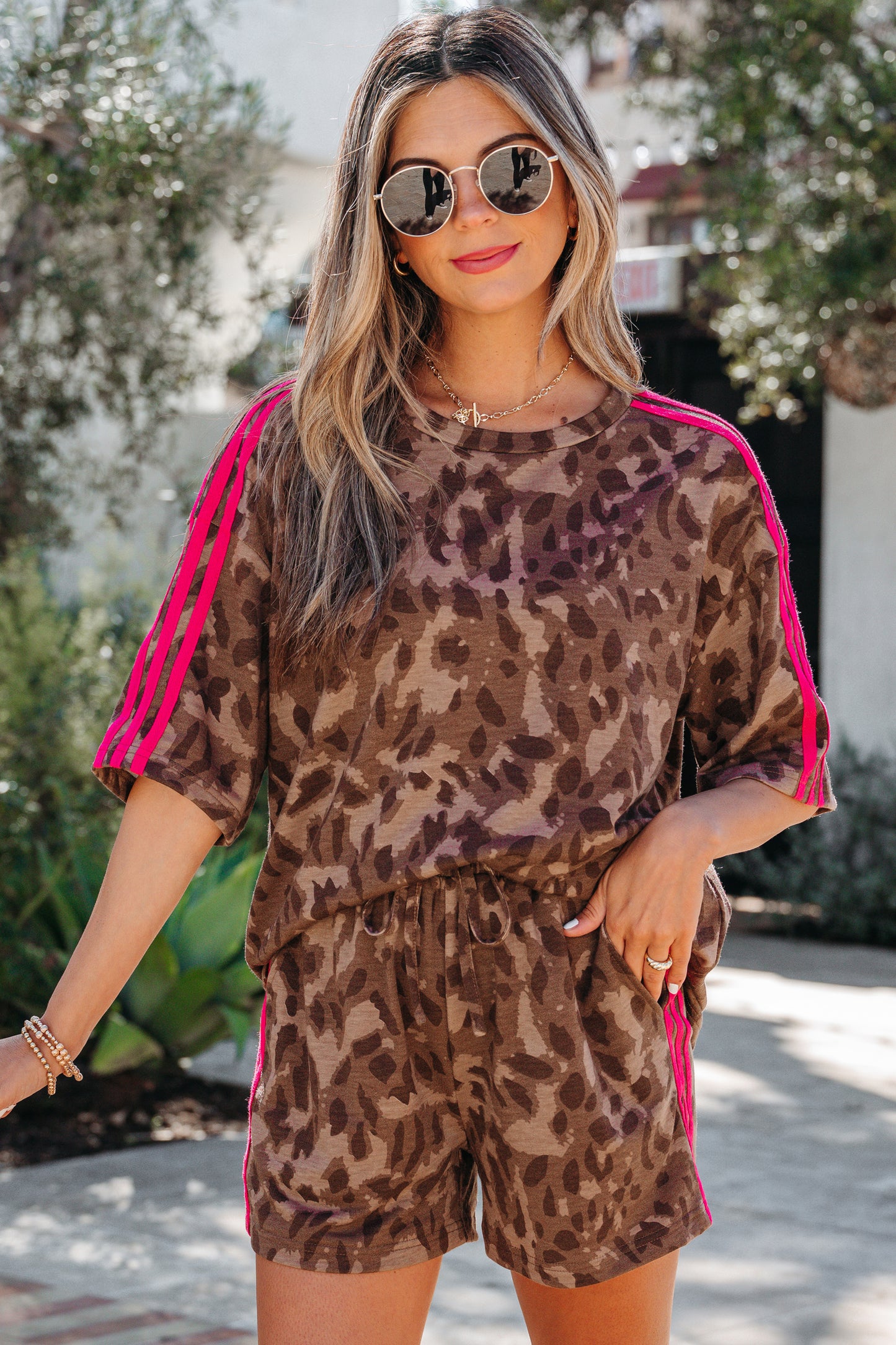 Brown Contrast Striped Accent Leopard Short Set-Two Piece Sets/Short Sets-[Adult]-[Female]-2022 Online Blue Zone Planet