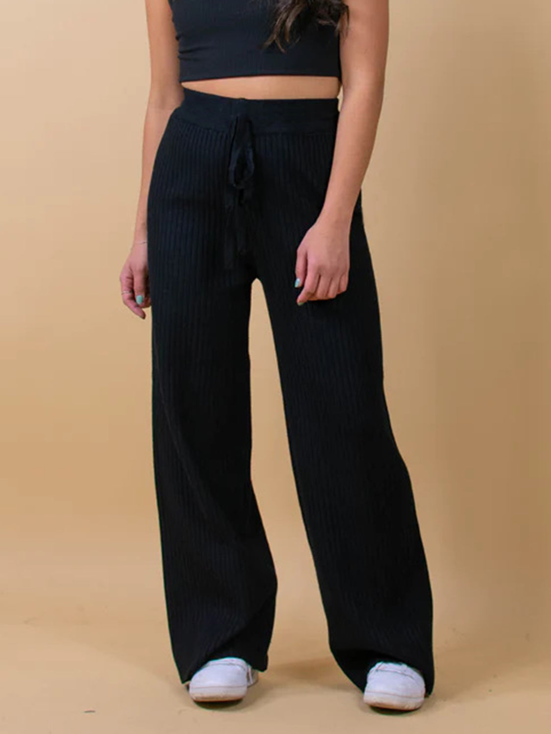 Blue Zone Planet | Ribbed Wide Leg Sweater Pants-BOTTOMS SIZES SMALL MEDIUM LARGE-[Adult]-[Female]-Black-S-2022 Online Blue Zone Planet