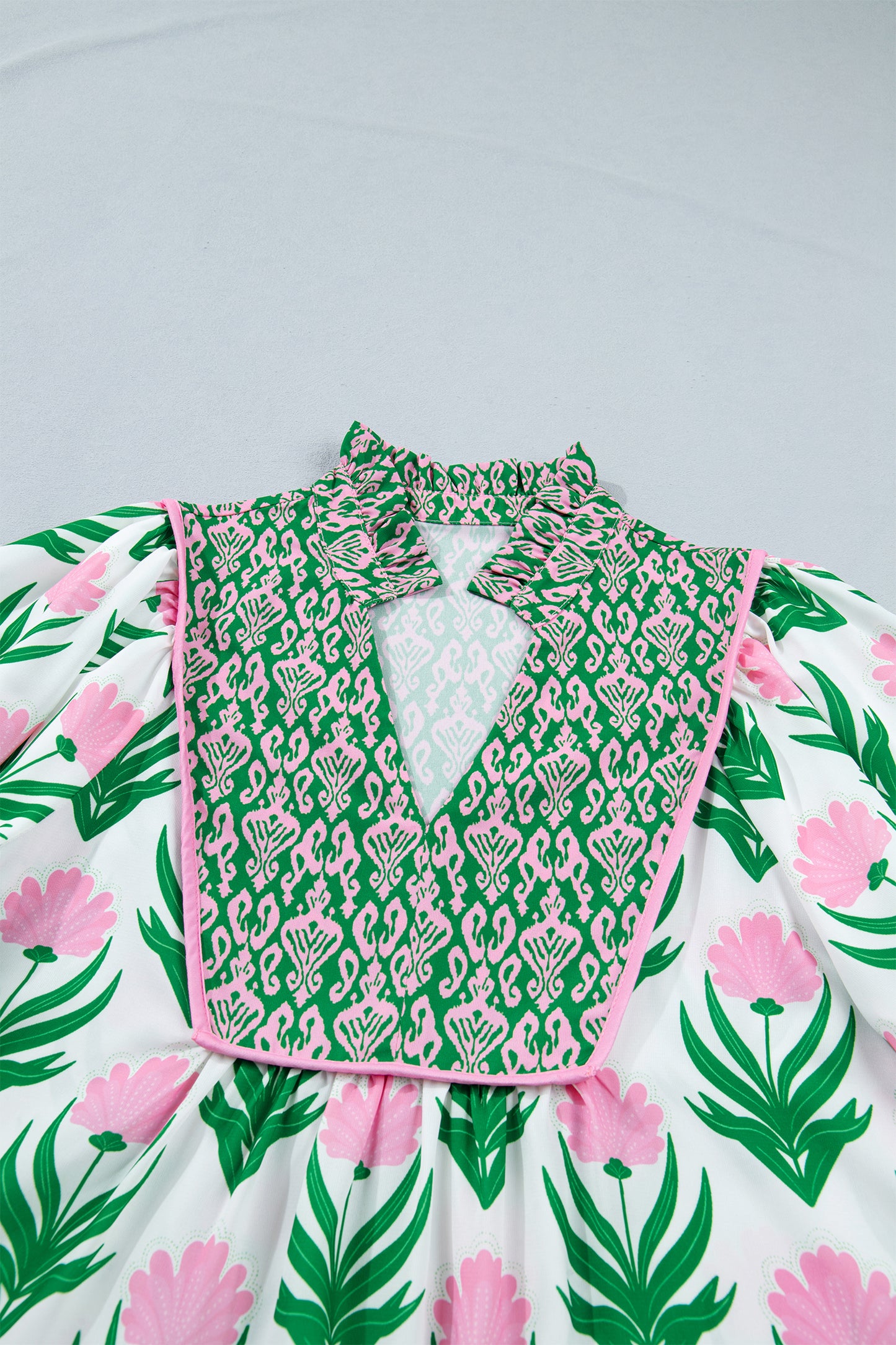 Multicolour Floral Print Puff Sleeve Contrast Bordered V Neck Blouse-Tops/Blouses & Shirts-[Adult]-[Female]-2022 Online Blue Zone Planet