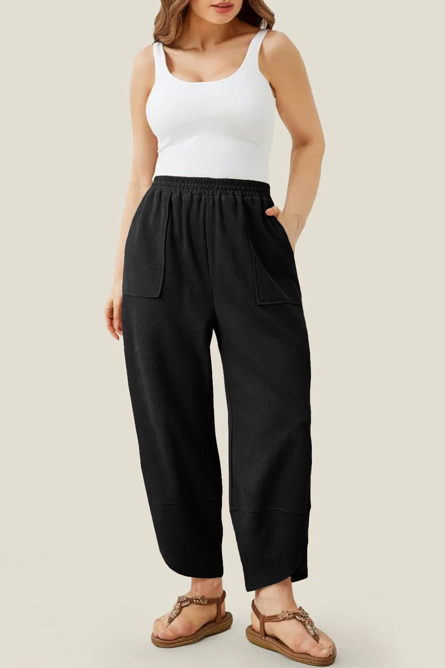 Black Plus Size Elastic Waist Asymmetrical Hem Loose Capris Pants-Plus Size/Plus Size Bottoms-[Adult]-[Female]-2022 Online Blue Zone Planet