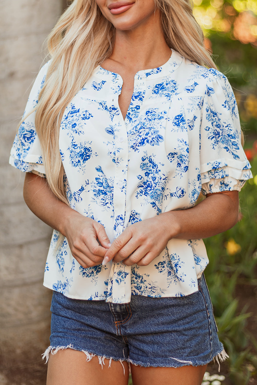 Sky Blue Floral Tiered Puff Short Sleeve Pleated Bust Buttoned Casual Shirt-Tops/Blouses & Shirts-[Adult]-[Female]-2022 Online Blue Zone Planet