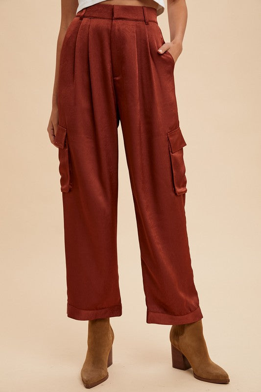 Annie Wear Wide Leg Cargo Satin Pants-BOTTOM SIZES SMALL MEDIUM LARGE-[Adult]-[Female]-Burgundy-S-2022 Online Blue Zone Planet