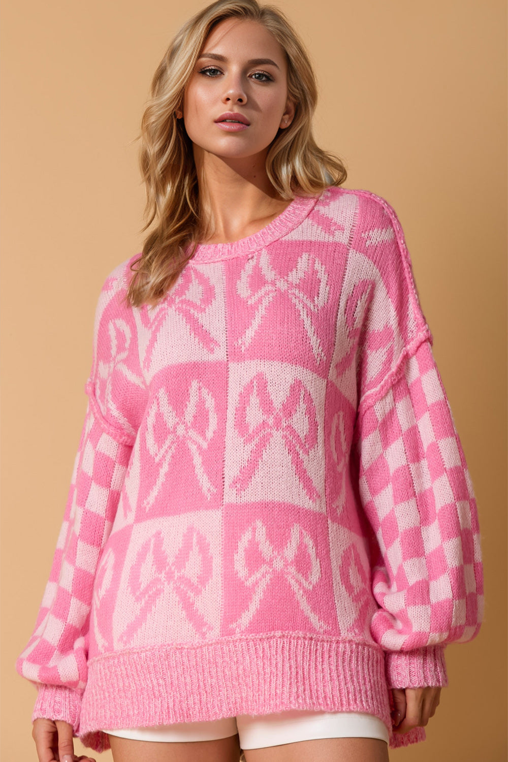 Double Take Full Size Checkered Bow Contrast Long Sleeve Sweater-TOPS / DRESSES-[Adult]-[Female]-Pink-S/M-2022 Online Blue Zone Planet