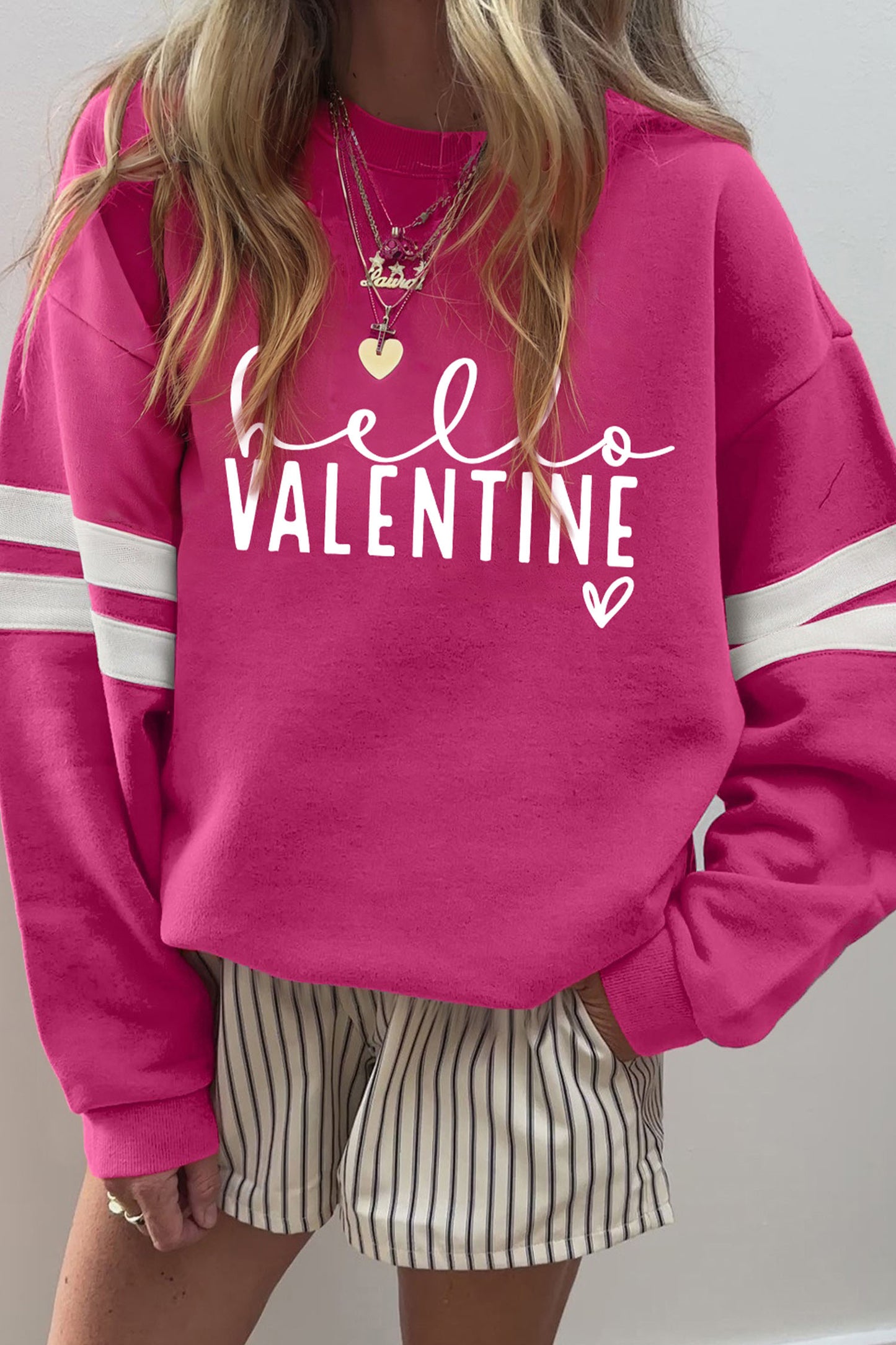 Rose Red Hello Valentine Varsity Striped Sleeve Baggy Sweatshirt-Graphic/Graphic Sweatshirts-[Adult]-[Female]-Rose Red-S-2022 Online Blue Zone Planet