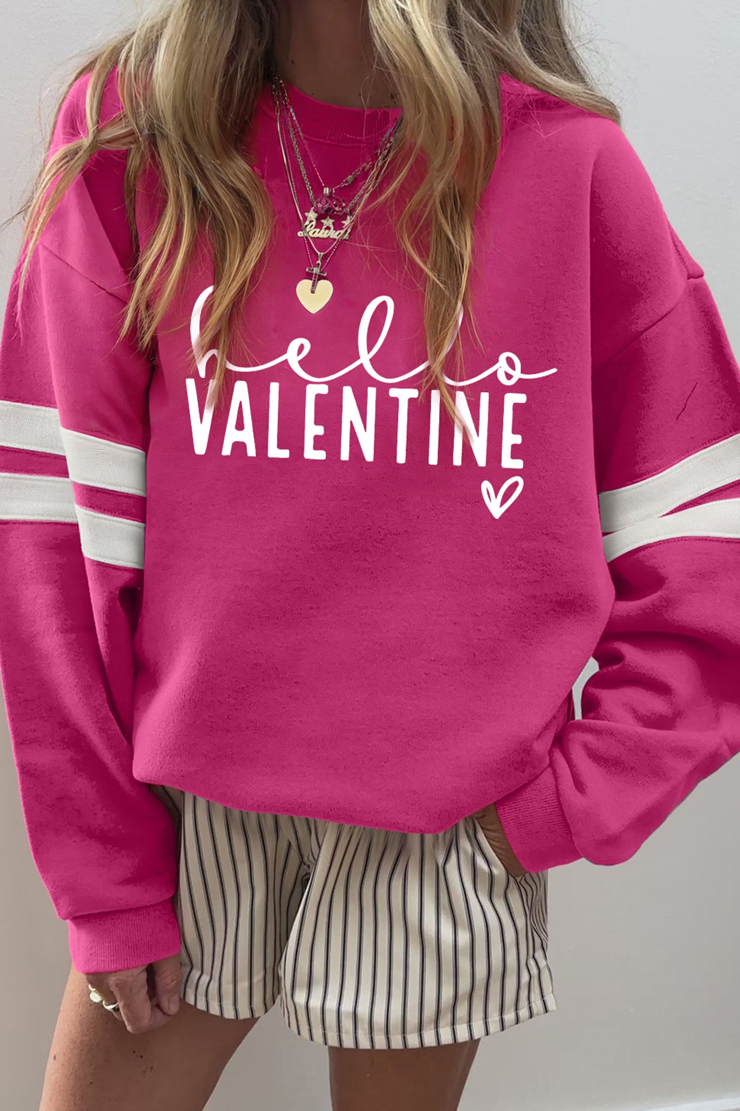 Rose Red Hello Valentine Varsity Striped Sleeve Baggy Sweatshirt-Graphic/Graphic Sweatshirts-[Adult]-[Female]-Rose Red-S-2022 Online Blue Zone Planet