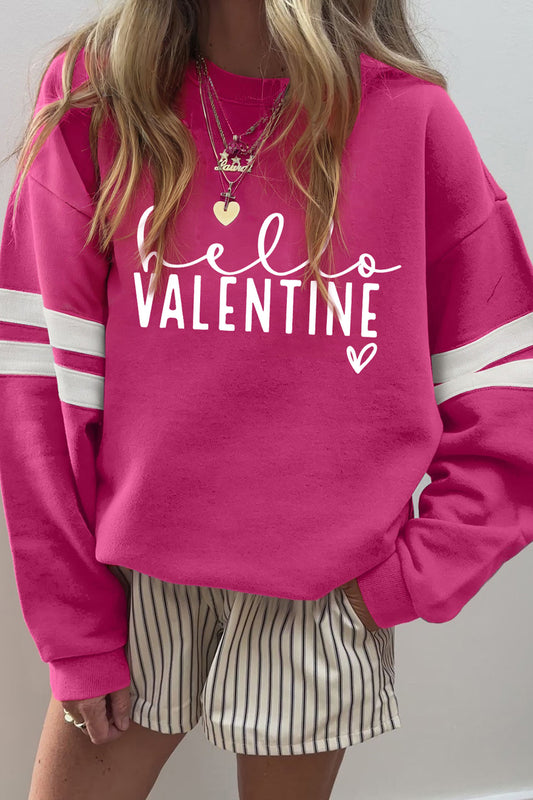 Rose Red Hello Valentine Varsity Striped Sleeve Baggy Sweatshirt-Graphic/Graphic Sweatshirts-[Adult]-[Female]-Rose Red-S-2022 Online Blue Zone Planet