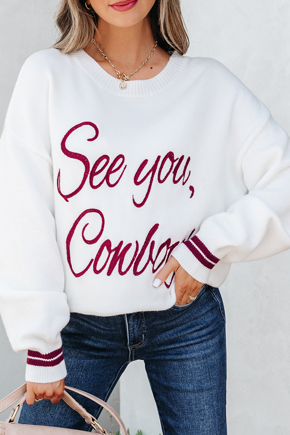 White See You Cowboy Embroidered Western Graphic Sweater-TOPS / DRESSES-[Adult]-[Female]-2022 Online Blue Zone Planet