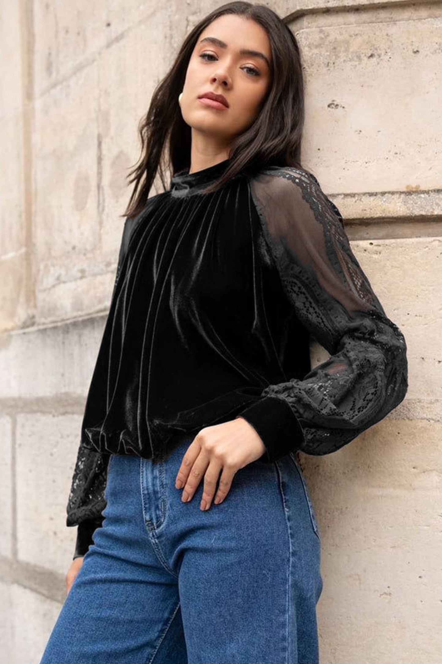 Color Black Solid Color Sheer Lace Long Sleeve Patchwork Stand Neck Velvet Blouse-Tops/Blouses & Shirts-[Adult]-[Female]-2022 Online Blue Zone Planet