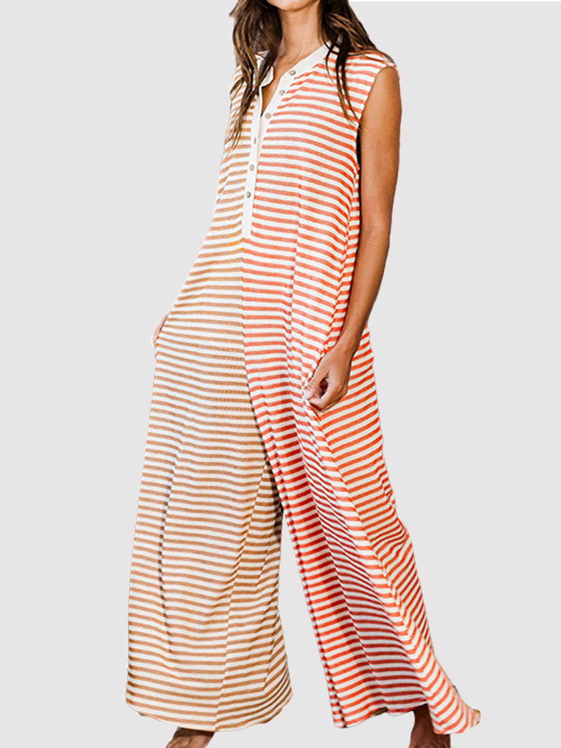 Striped Round Neck Sleeveless Jumpsuit-[Adult]-[Female]-Stripe-S-2022 Online Blue Zone Planet