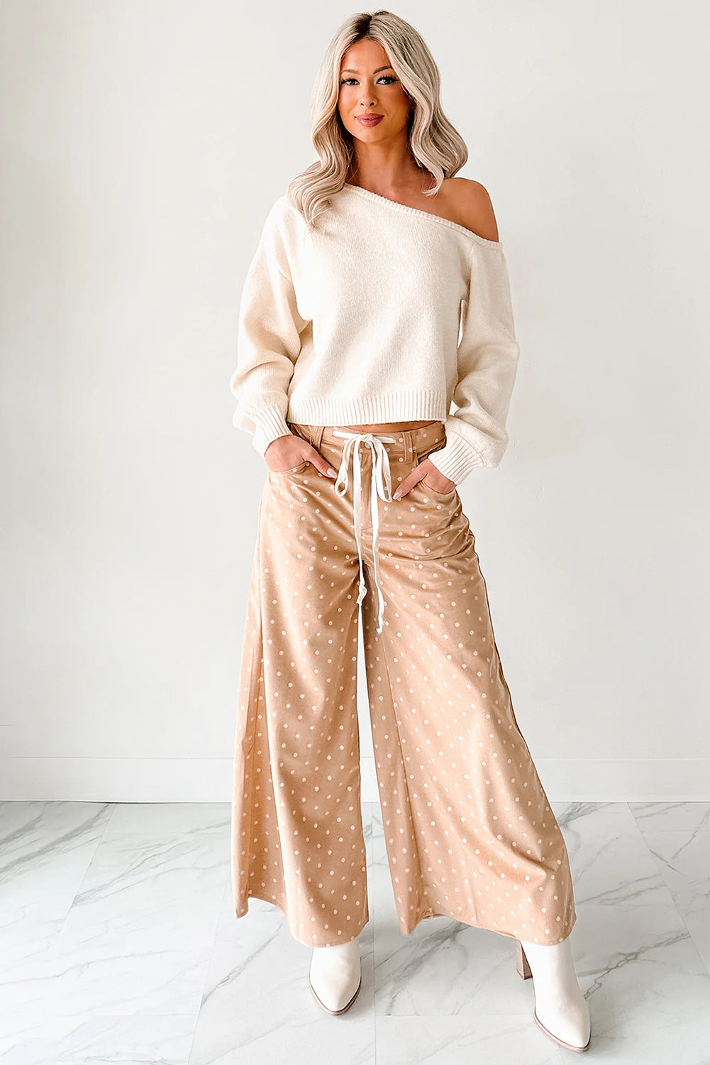 Khaki Polka Dot Print Drawstring Wide Leg Pants-Bottoms/Pants & Culotte-[Adult]-[Female]-2022 Online Blue Zone Planet