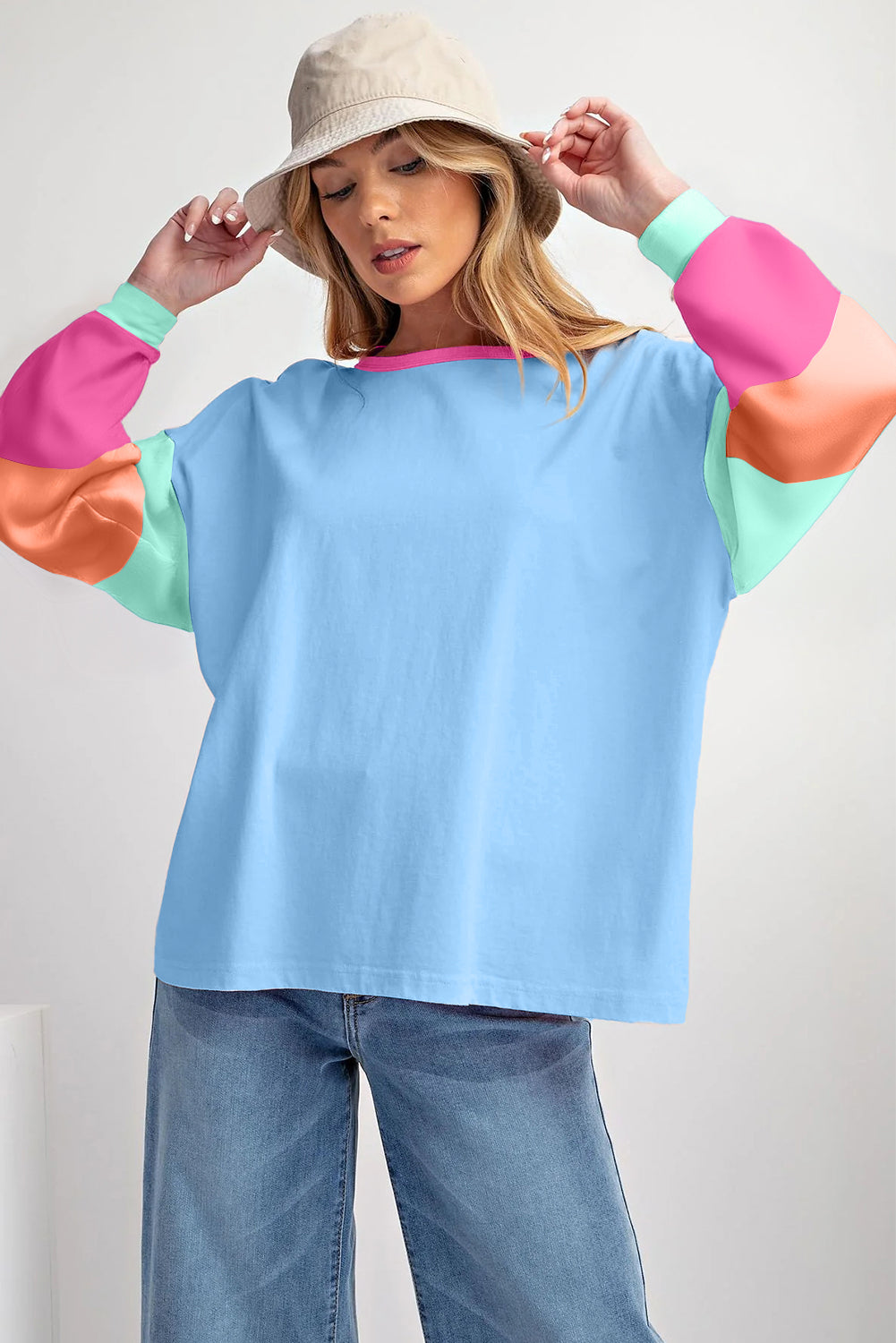 Green Colorblock Patchwork Long Sleeve Loose Top-Tops/Long Sleeve Tops-[Adult]-[Female]-2022 Online Blue Zone Planet