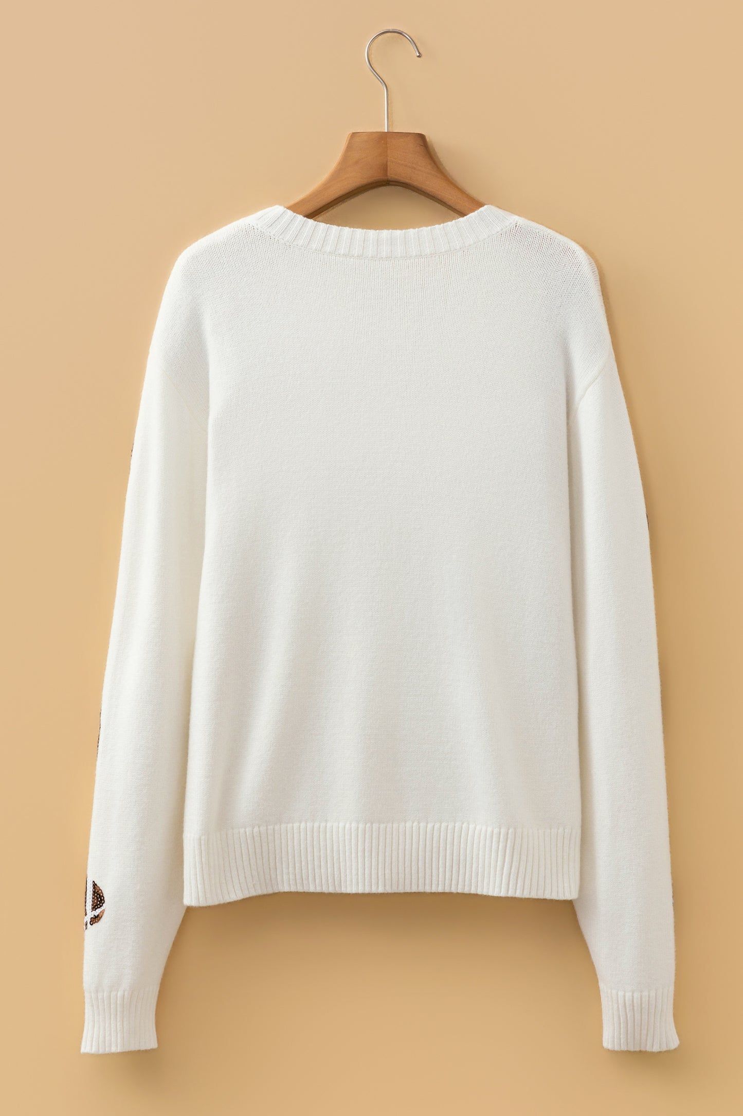 Beige Sequin Football Print Round Neck Long Sleeve Loose Fit Sweater-Sweaters & Cardigans/Sweaters-[Adult]-[Female]-2022 Online Blue Zone Planet