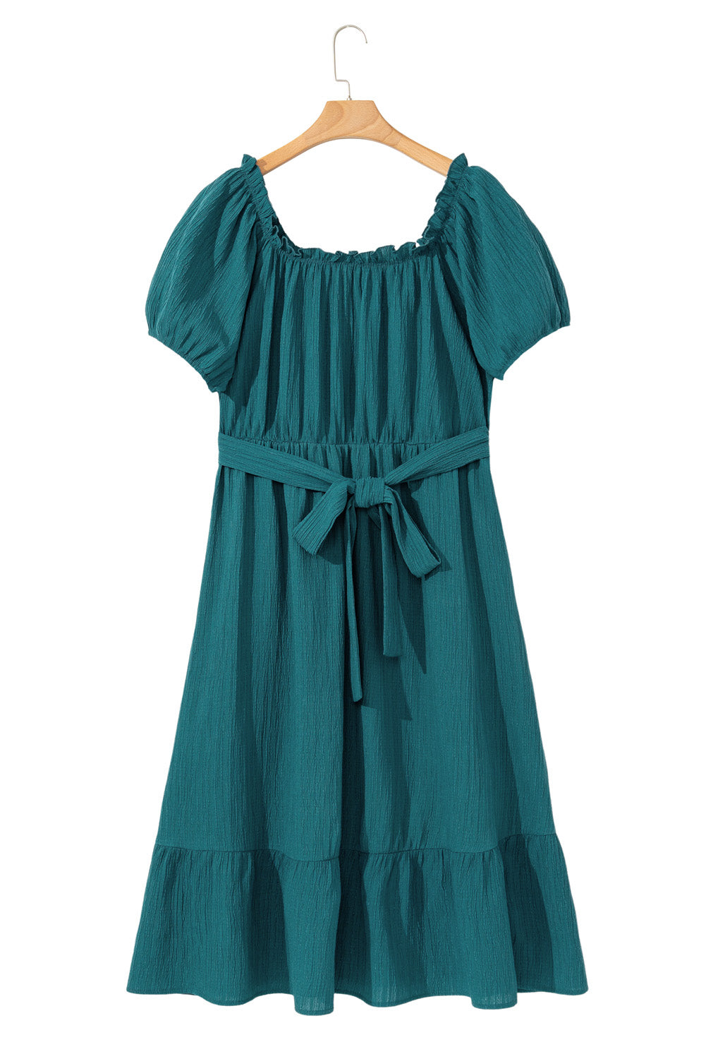 Skobeloff Frilled U Neck Puff Sleeve Belted Ruffle Hem Plus Size Midi Dress-TOPS / DRESSES-[Adult]-[Female]-2022 Online Blue Zone Planet