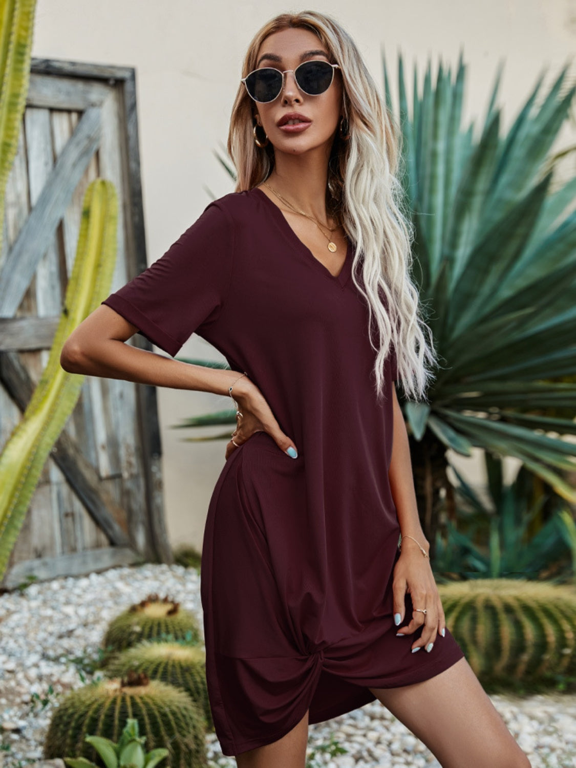 V-Neck Short Sleeve Mini Dress-TOPS / DRESSES-[Adult]-[Female]-Burgundy-S-2022 Online Blue Zone Planet