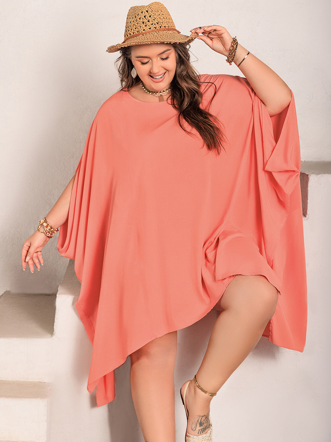 Plus Size Round Neck Batwing Sleeve Mini Dress-TOPS / DRESSES-[Adult]-[Female]-2022 Online Blue Zone Planet