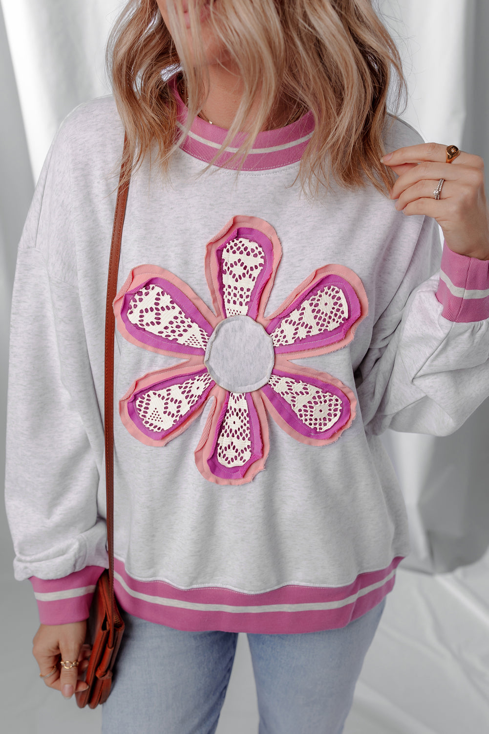 Gray Flower Patch Contrast Trim Crew Neck Sweatshirt-Tops/Sweatshirts & Hoodies-[Adult]-[Female]-Gray-S-2022 Online Blue Zone Planet