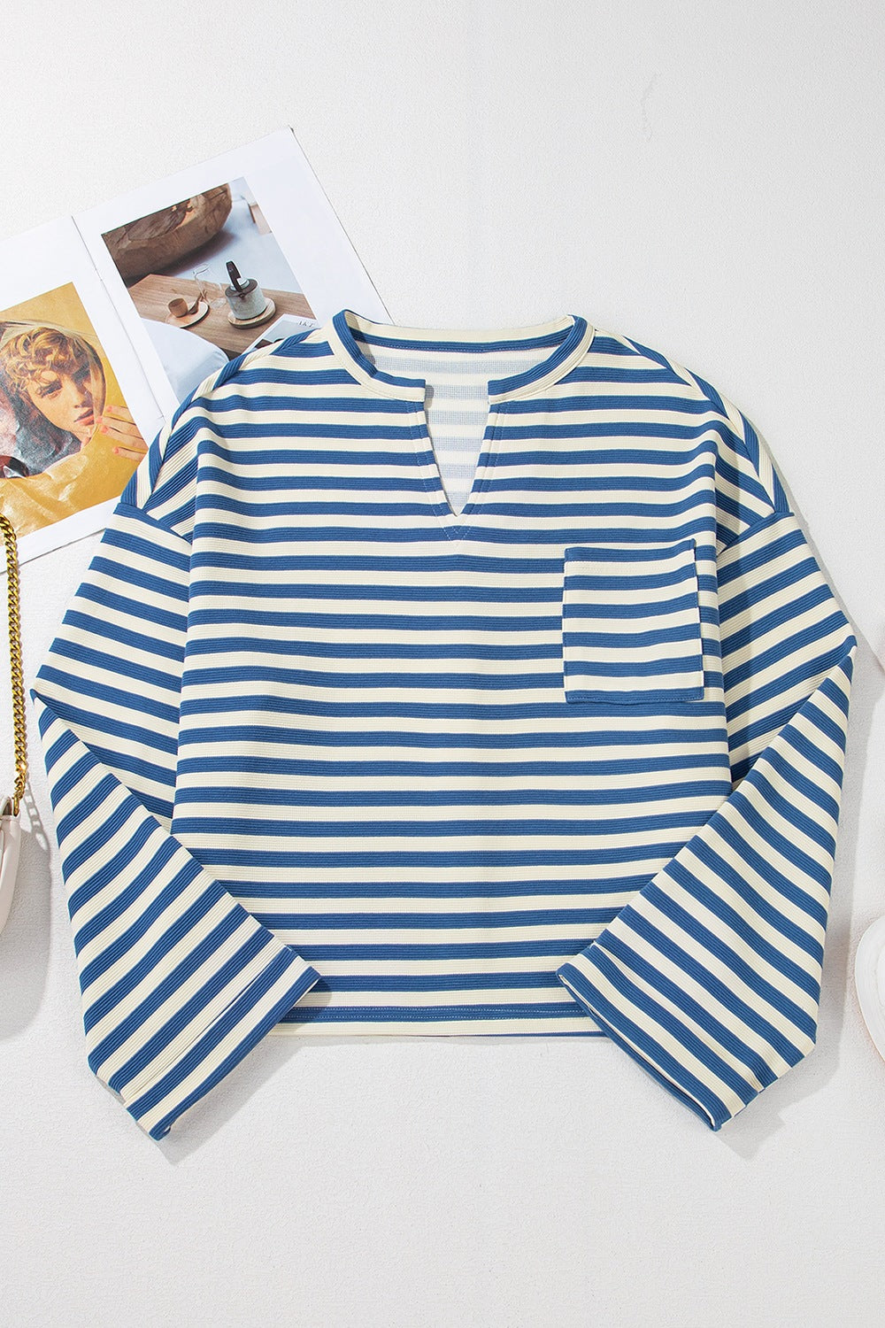 Stripe Chest Pocket Notched Top-TOPS / DRESSES-[Adult]-[Female]-2022 Online Blue Zone Planet