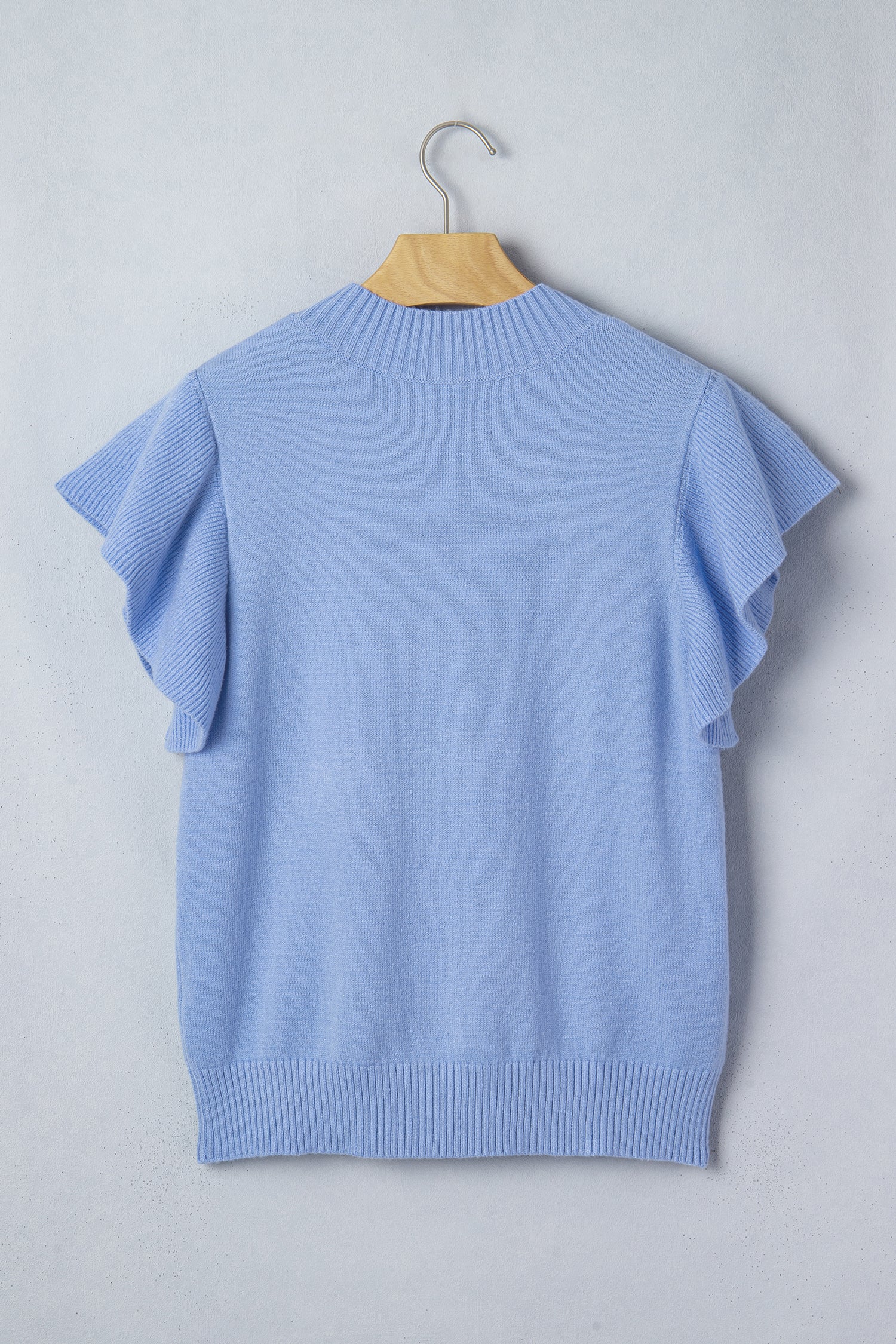 Beau Blue Solid Color Ribbed Trim Round Neck Ruffle Short Sleeve Sweater-TOPS / DRESSES-[Adult]-[Female]-2022 Online Blue Zone Planet