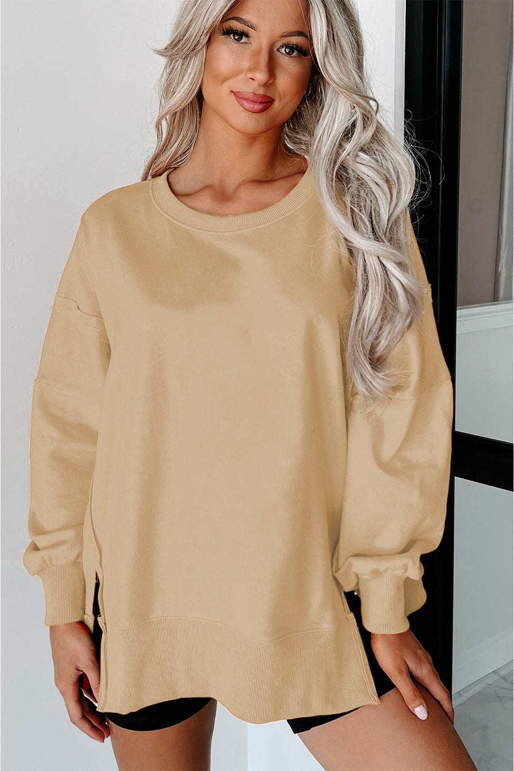 Light French Beige Exposed Seam Drop Shoulder Round Neck Sweatshirt with Slits-Tops/Sweatshirts & Hoodies-[Adult]-[Female]-2022 Online Blue Zone Planet