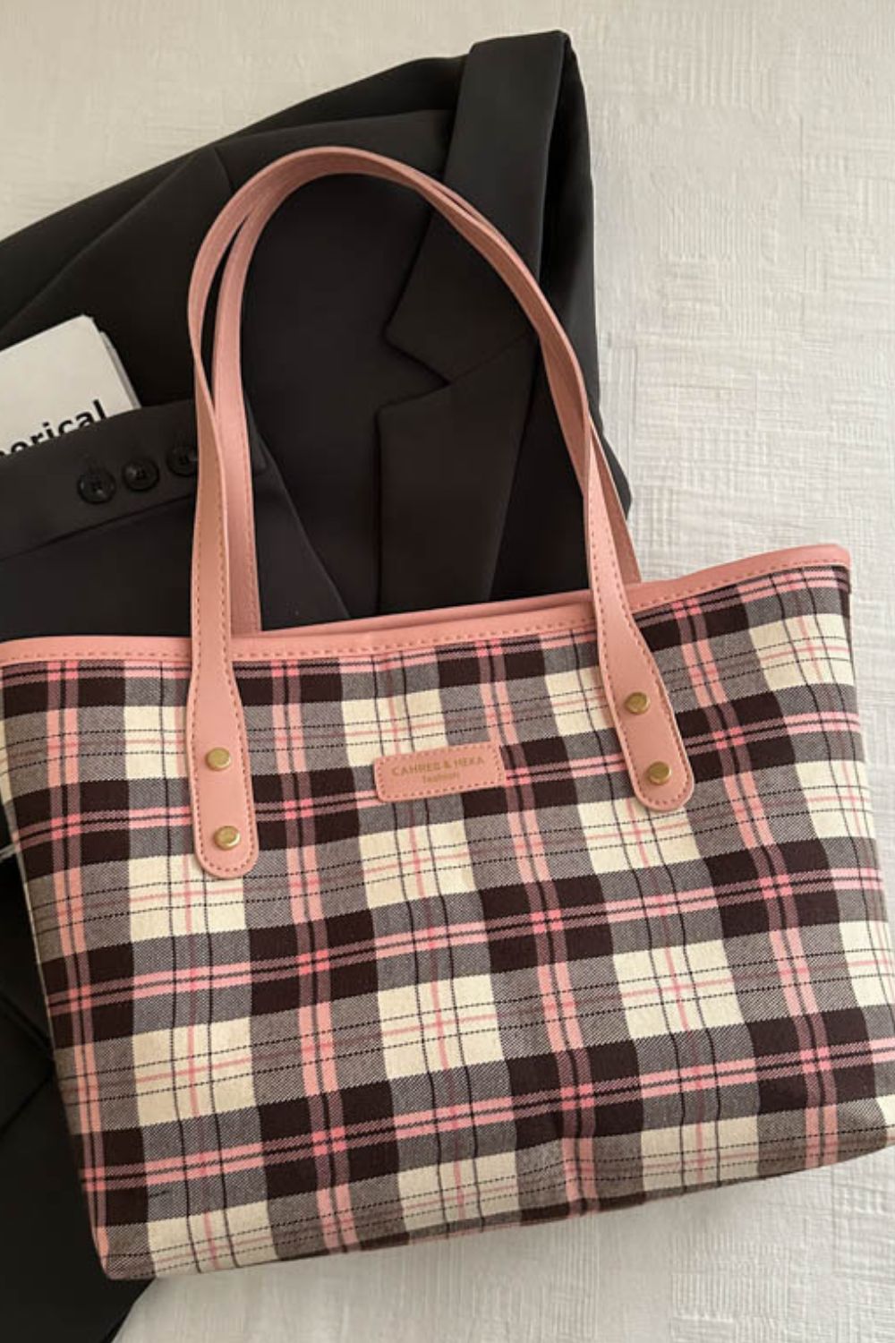 Plaid PU Leather Tote Bag-HANDBAGS-[Adult]-[Female]-Pink-One Size-2022 Online Blue Zone Planet