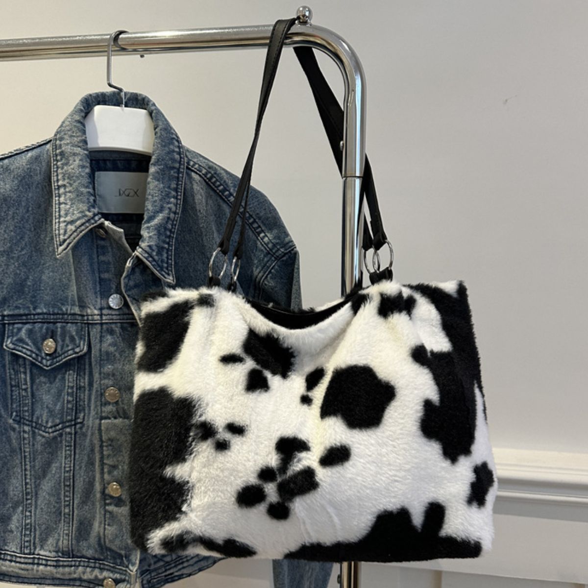 Blue Zone Planet | Cow Print Furry Tote Bag-HANDBAGS-[Adult]-[Female]-2022 Online Blue Zone Planet