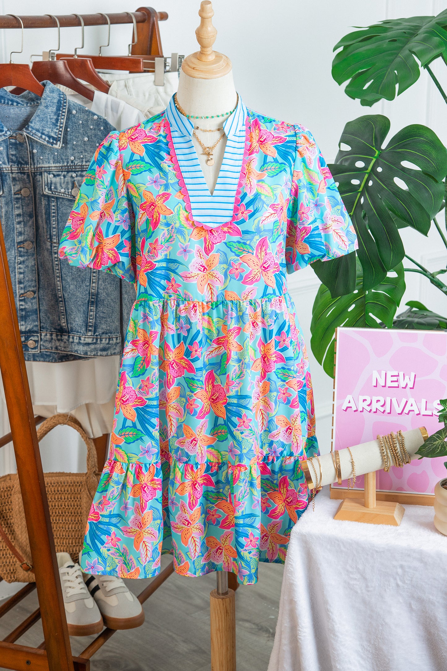 Multicolour Floral Print Contrast Scallop Striped Trim V Neck Dress-TOPS / DRESSES-[Adult]-[Female]-2022 Online Blue Zone Planet