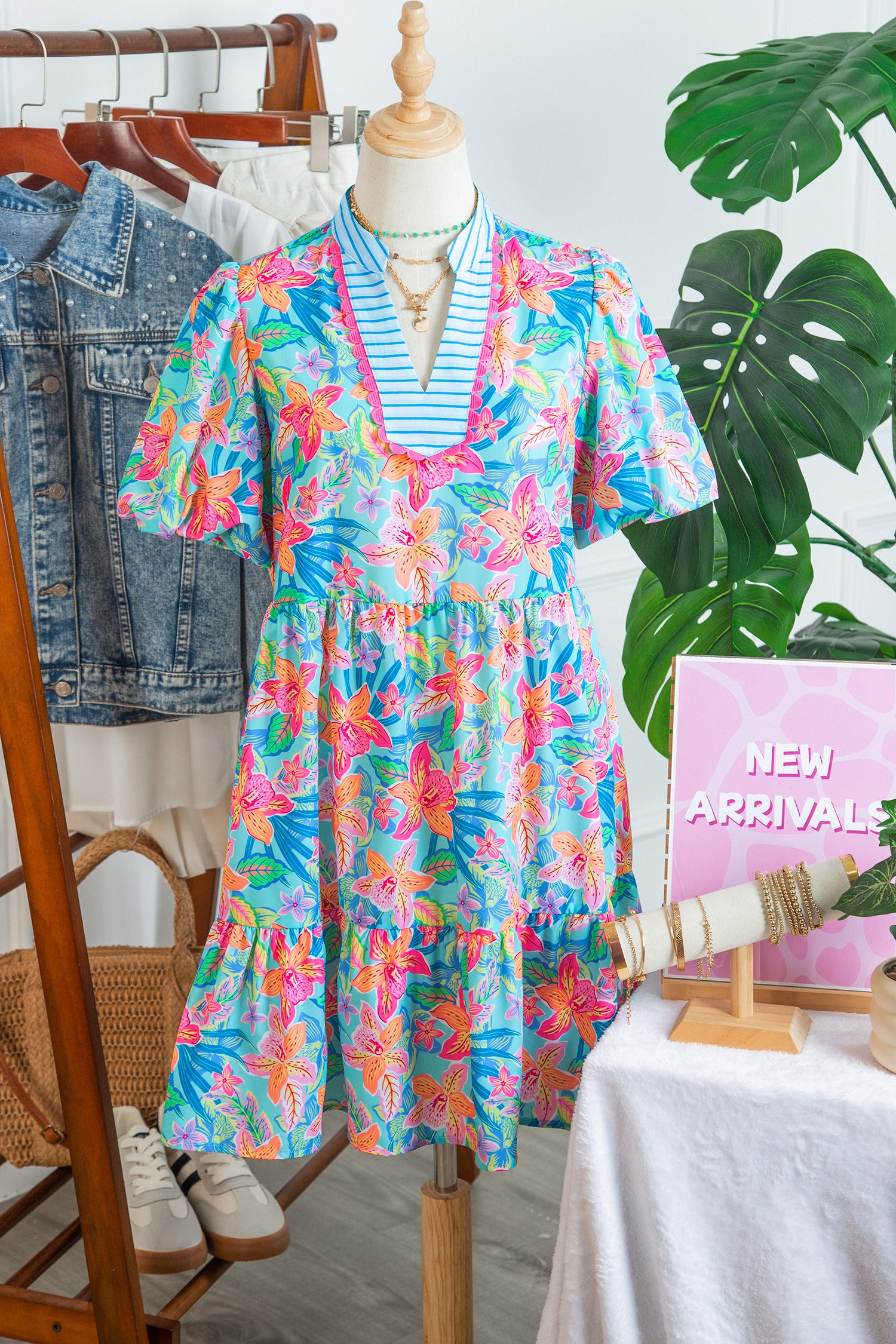 Multicolour Floral Print Contrast Scallop Striped Trim V Neck Dress-TOPS / DRESSES-[Adult]-[Female]-2022 Online Blue Zone Planet