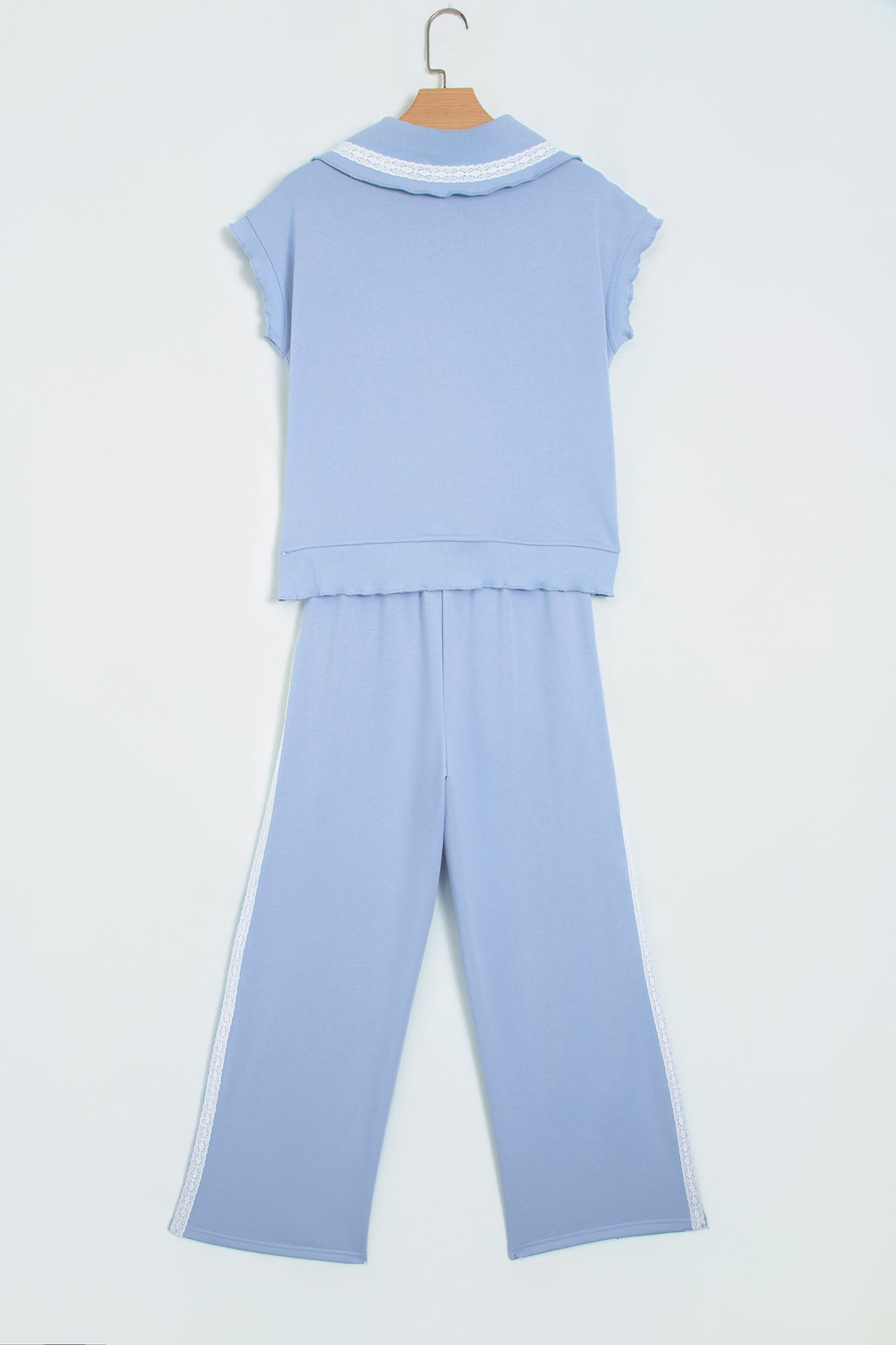 Sky Blue Lace Accent Zipped Collar Short Sleeve Top Sweatpants Set-Two Piece Sets/Pant Sets-[Adult]-[Female]-2022 Online Blue Zone Planet