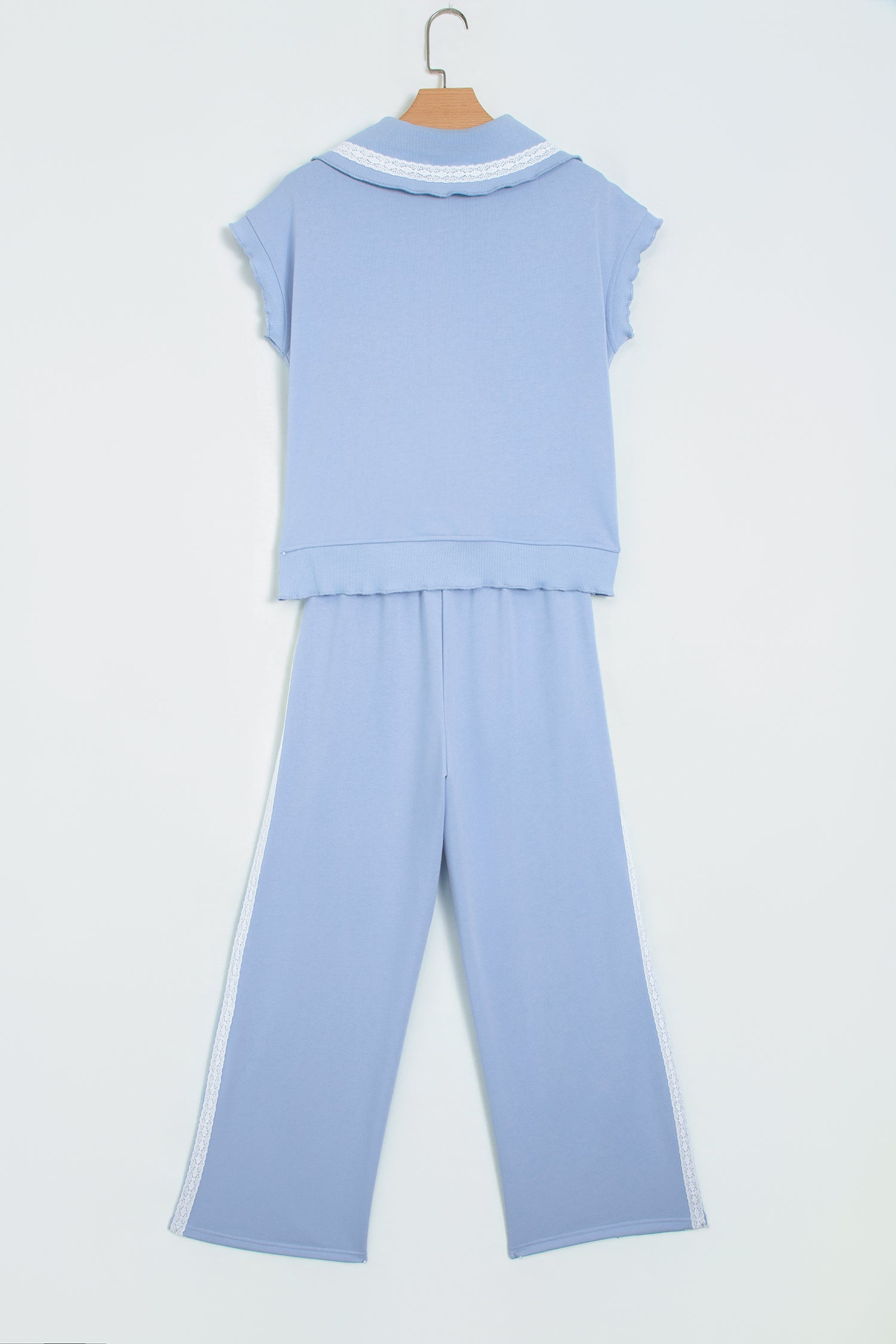 Sky Blue Lace Accent Zipped Collar Short Sleeve Top Sweatpants Set-Two Piece Sets/Pant Sets-[Adult]-[Female]-2022 Online Blue Zone Planet