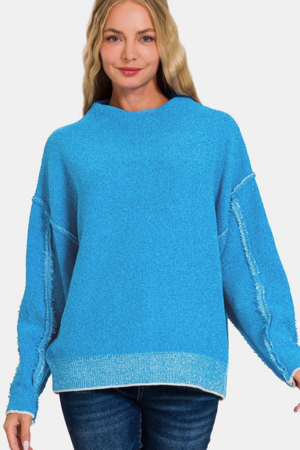 Zenana Exposed Seam Mock Neck Long Sleeve Sweater-TOPS / DRESSES-[Adult]-[Female]-2022 Online Blue Zone Planet