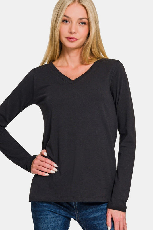 Blue Zone Planet | Zenana Full Size V-Neck Long Sleeve T-Shirt-TOPS / DRESSES-[Adult]-[Female]-Black-S-2022 Online Blue Zone Planet